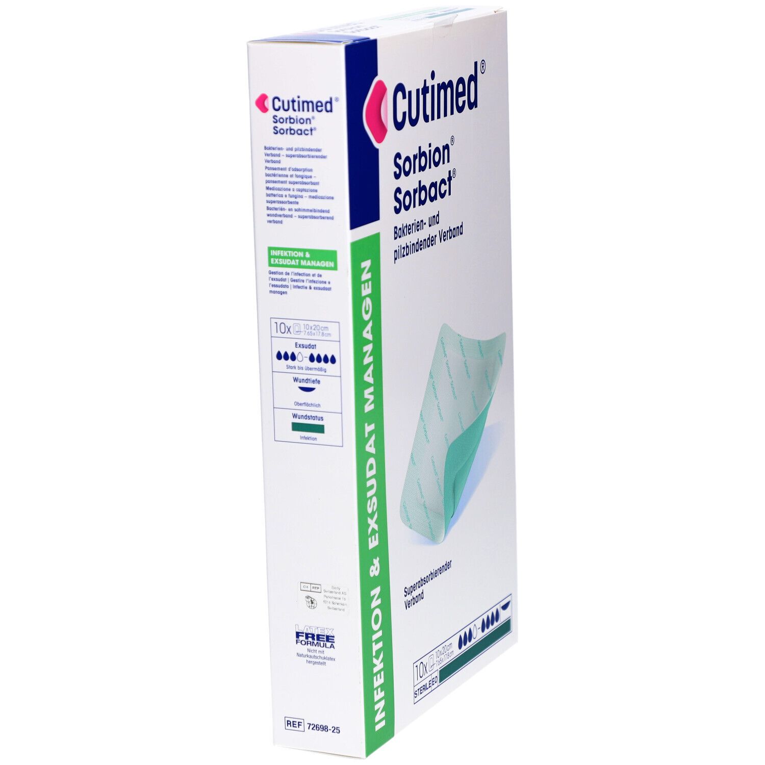 Cutimed Sorbion Sorbact Verpackung. Wundverband. 10 x 20 cm. Steril. Seitenansicht.