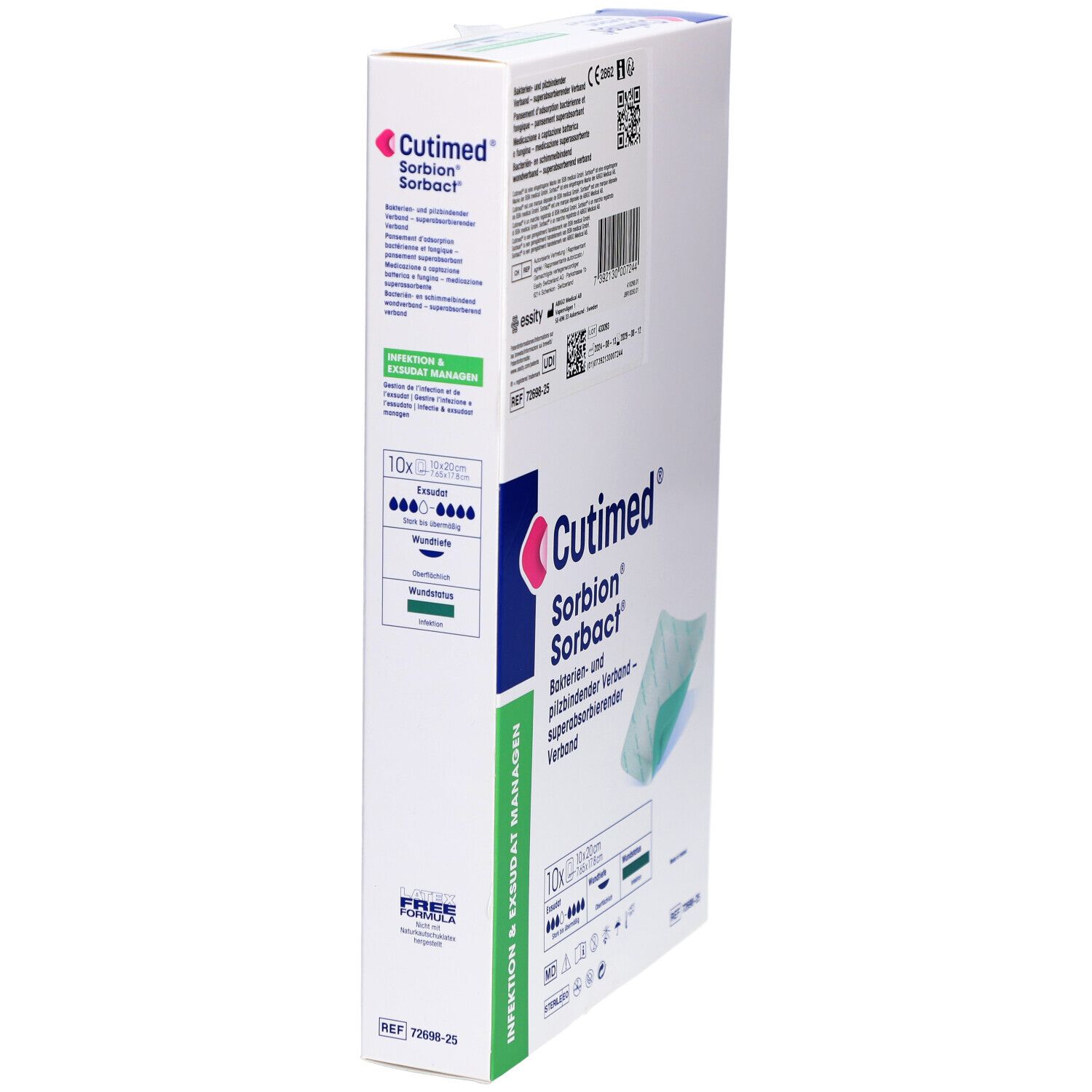 Cutimed Sorbion Sorbact Verpackung. Wundverband. 10 x 20 cm. Steril. Seitenansicht.