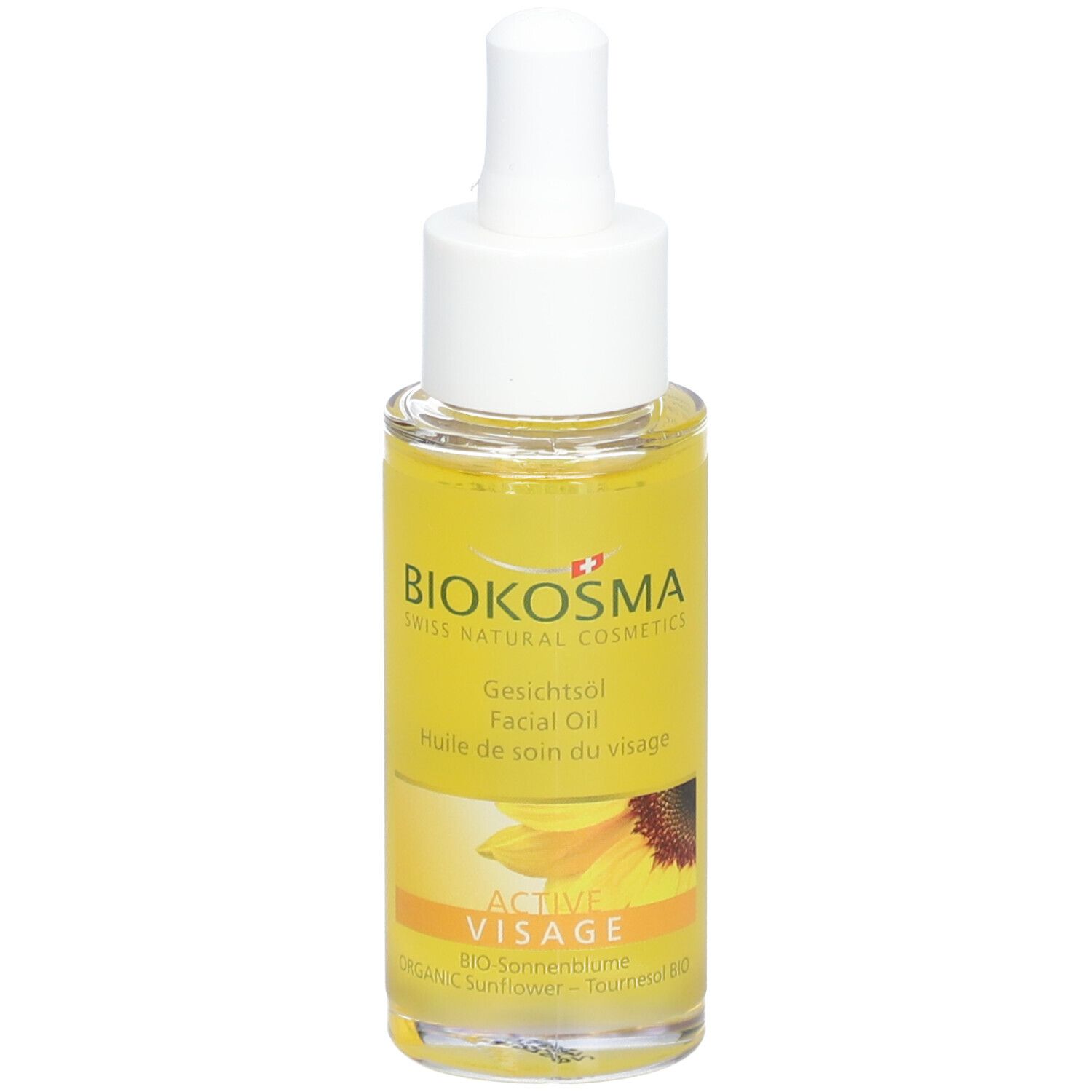 Gesichtsöl-Flasche mit Pipette. BIOKOSMA-Logo, Schriftzug 'Active Visage'. Gelbe Flüssigkeit, Sonnenblumen-Illustration.