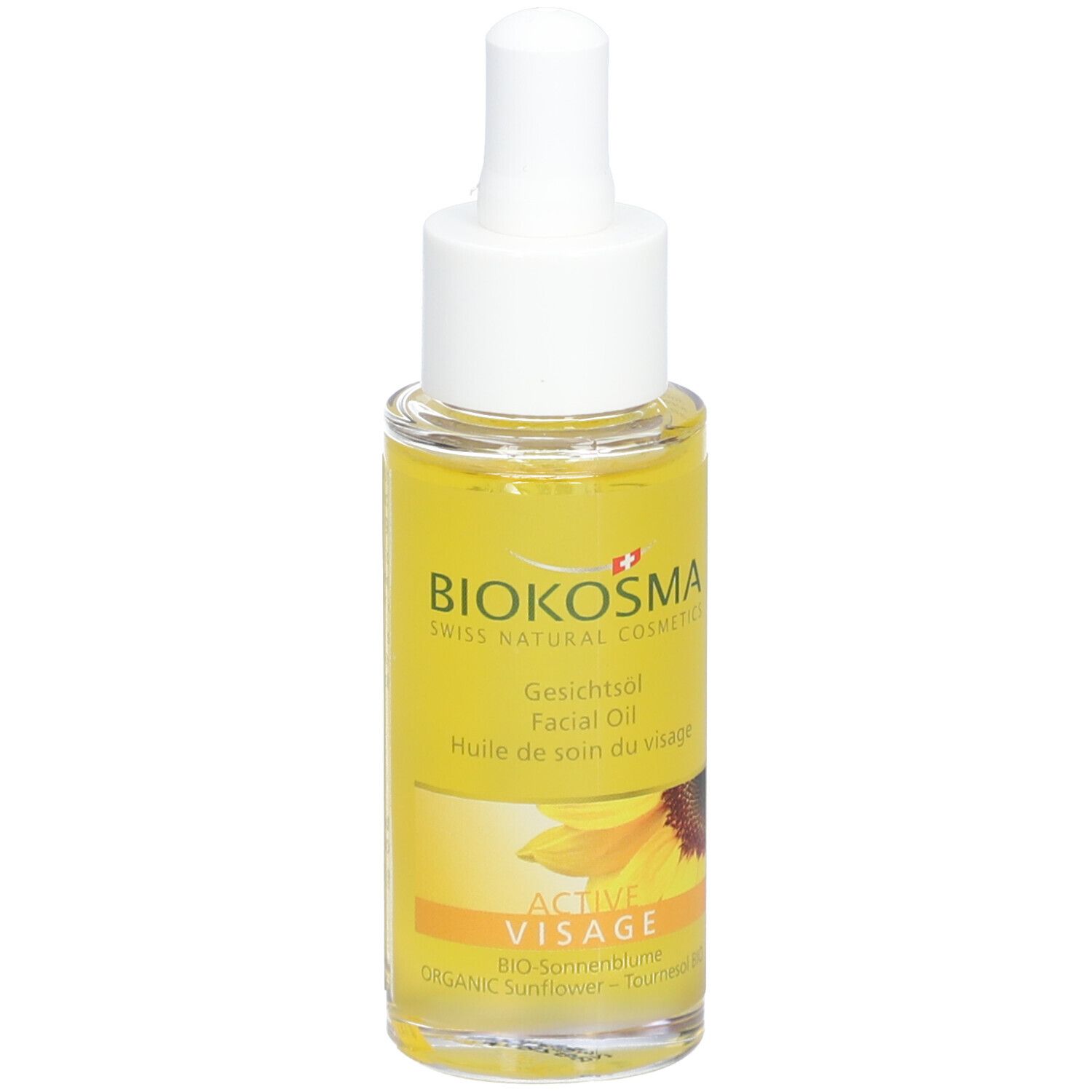 Gesichtsöl-Flasche mit Pipette. BIOKOSMA-Logo, Schriftzug 'Active Visage'. Gelbe Flüssigkeit, Sonnenblumen-Illustration.