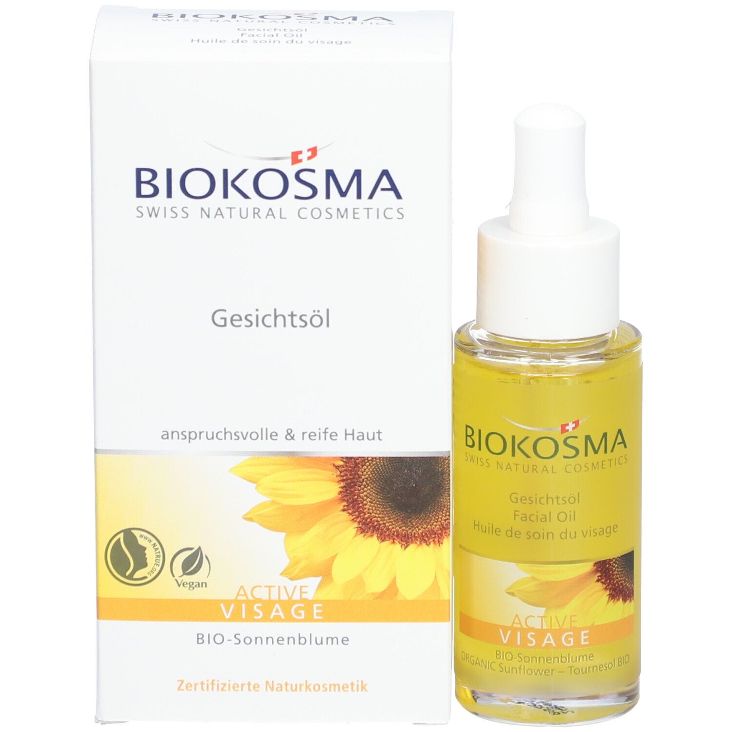 Gesichtsöl-Flasche und Verpackung. BIOKOSMA-Logo, Schriftzug 'Gesichtsöl', 'Active Visage'. Sonnenblumen-Illustration.