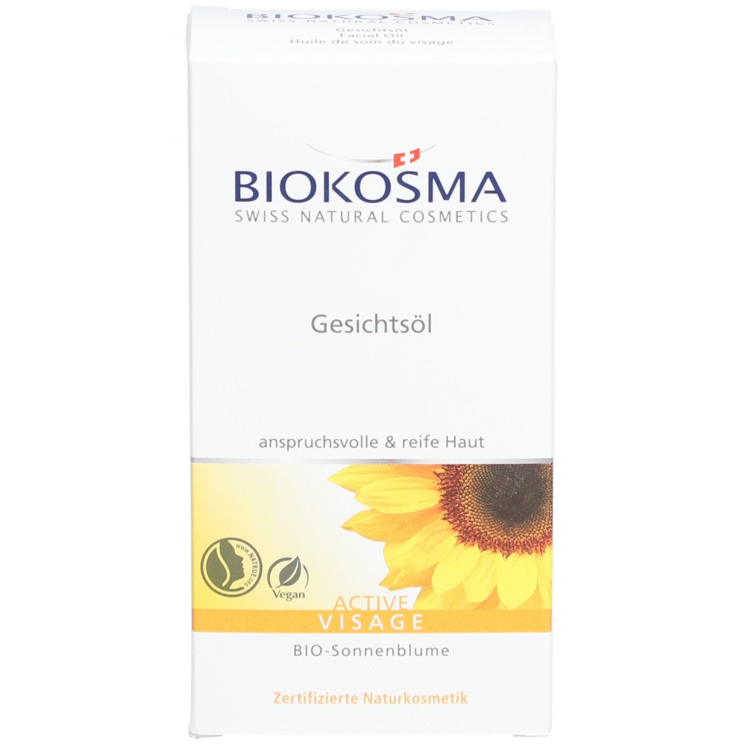 Verpackung. BIOKOSMA-Logo, Schriftzug 'Gesichtsöl', 'Active Visage'. Sonnenblumen-Illustration. Vegan-Siegel.