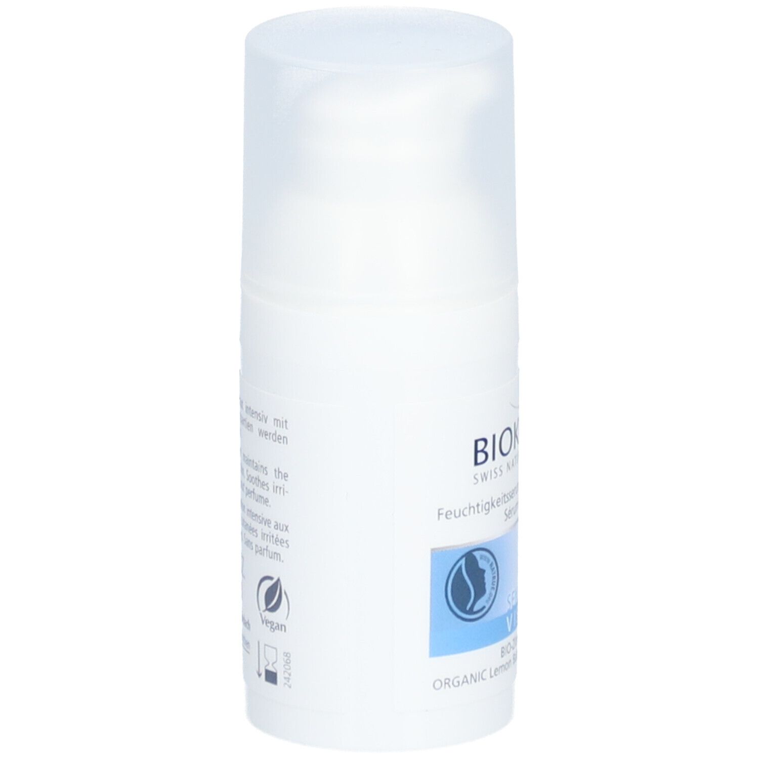 Biokosma Feuchtigkeitsserum. Weiße Flasche, Seitenansicht. Text: Vegan, Logo. Rückseite mit Text.