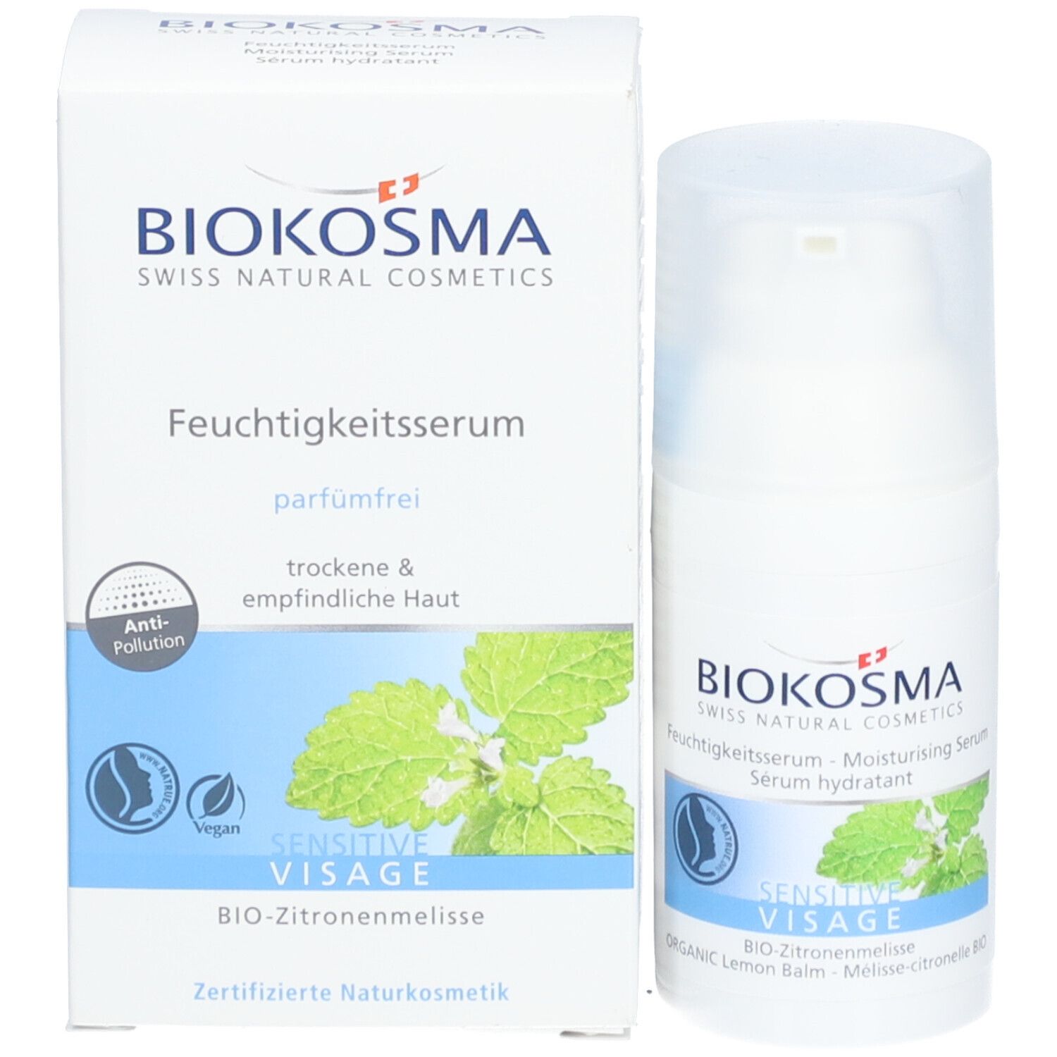 Biokosma Feuchtigkeitsserum und Verpackung. Weiße Flasche und Karton. Text: Sensitive Visage, Bio-Zitronenmelisse.