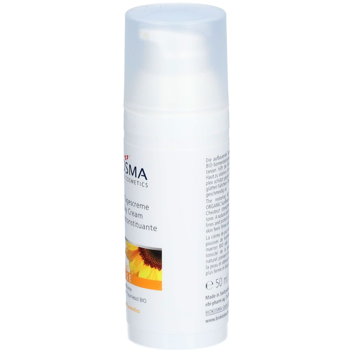 Crème de jour reconstituante BIOKOSMA Active Visage. Flacon blanc avec texte. Inscription: Aufbauende Tagescreme, Crème de jour reconstituante. 50 ml.