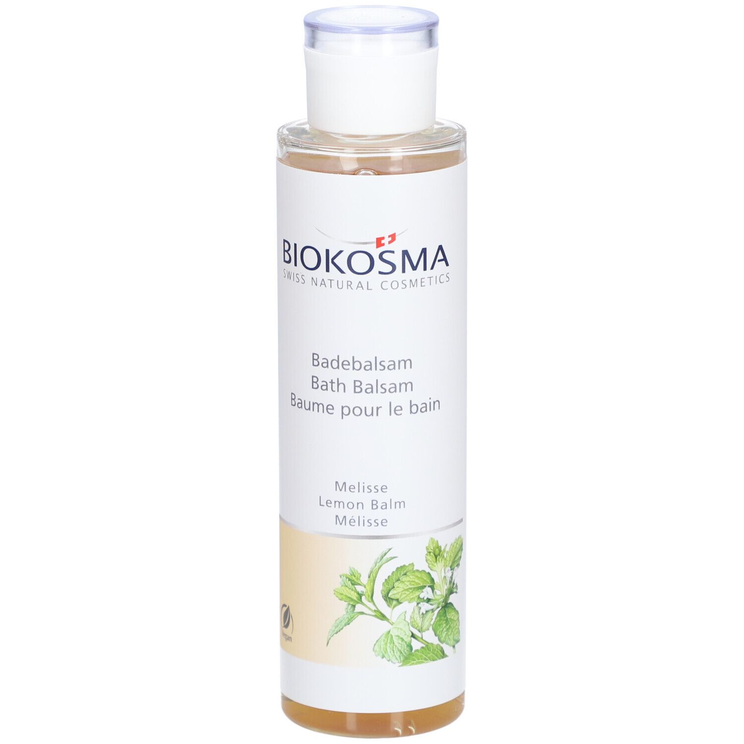 BIOKOSMA Badebalsam Melisse. Flasche mit weißem Deckel. Etikett mit Produktnamen, Logo und Melissen-Illustration.