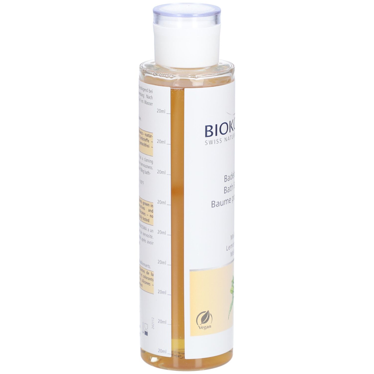 BIOKOSMA Badebalsam Melisse. Flasche, Seitenansicht. Etikett mit Produktinformationen und Logo. Vegan-Siegel.