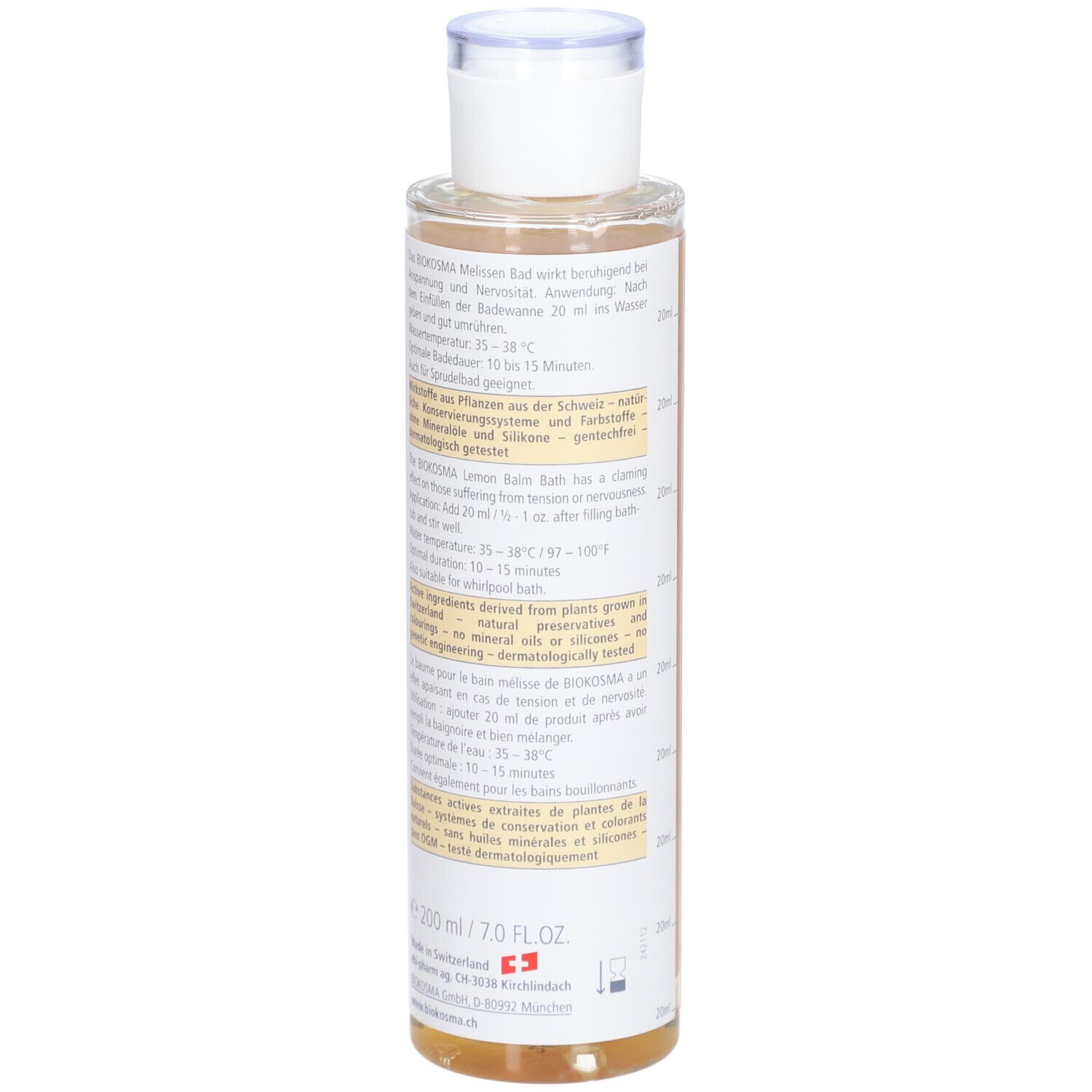 BIOKOSMA Badebalsam Melisse. Flasche, Detailansicht der Etikettenrückseite mit Produktinformationen und Inhaltsstoffen.
