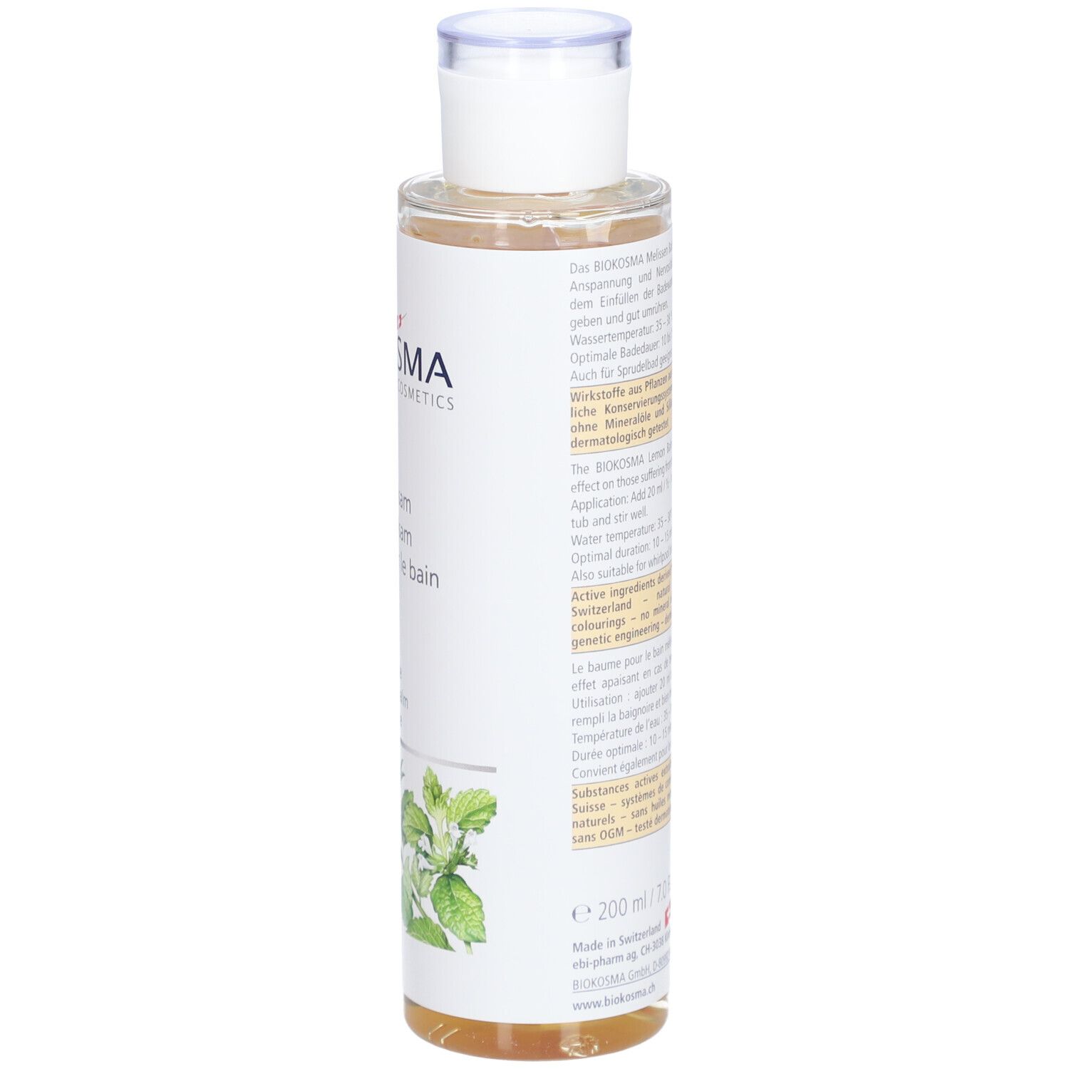 BIOKOSMA Badebalsam Melisse. Flasche, Detailansicht der Etikettenrückseite mit Produktinformationen und Logo.