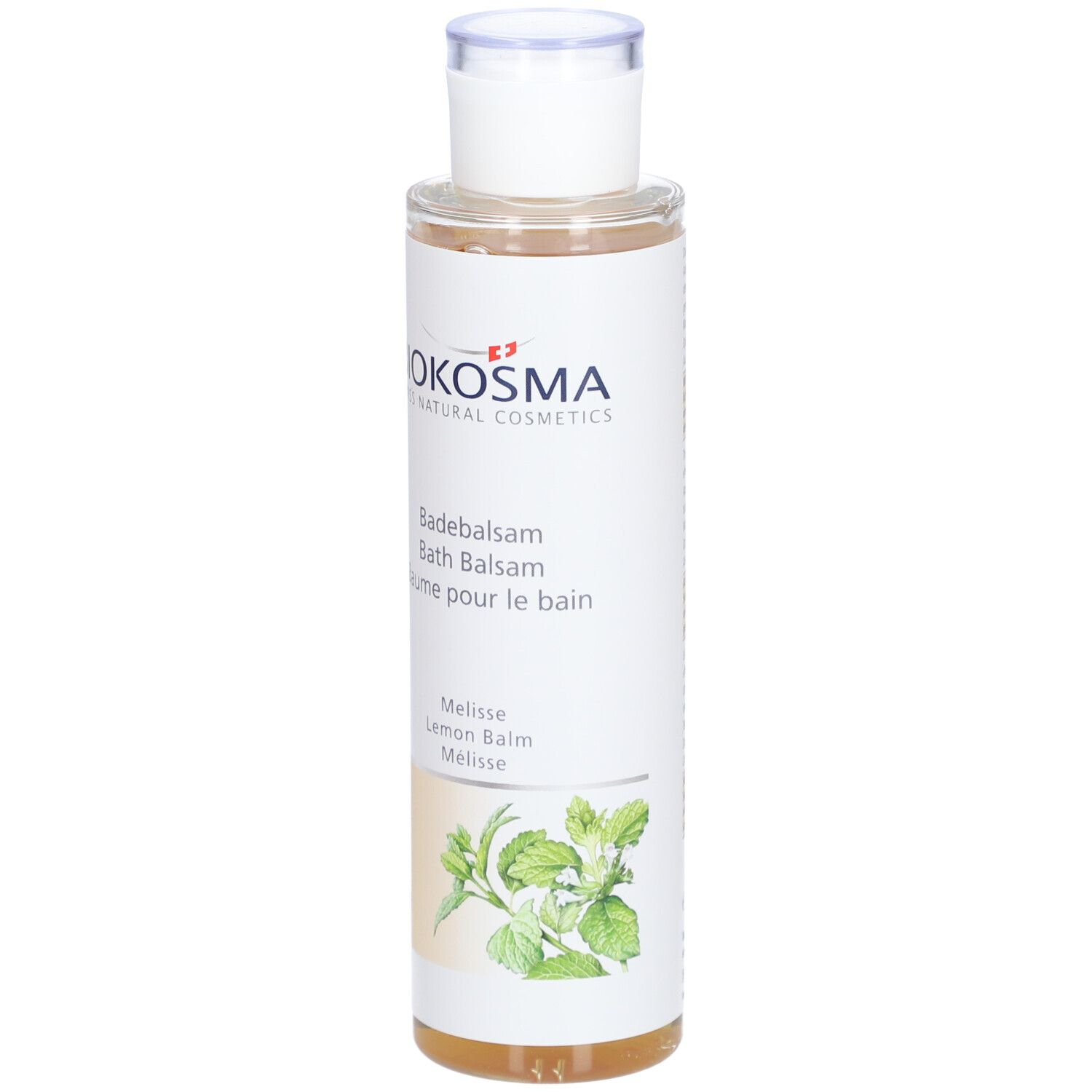 BIOKOSMA Badebalsam Melisse. Flasche mit weißem Deckel. Etikett mit Produktnamen, Logo und Melissen-Illustration.