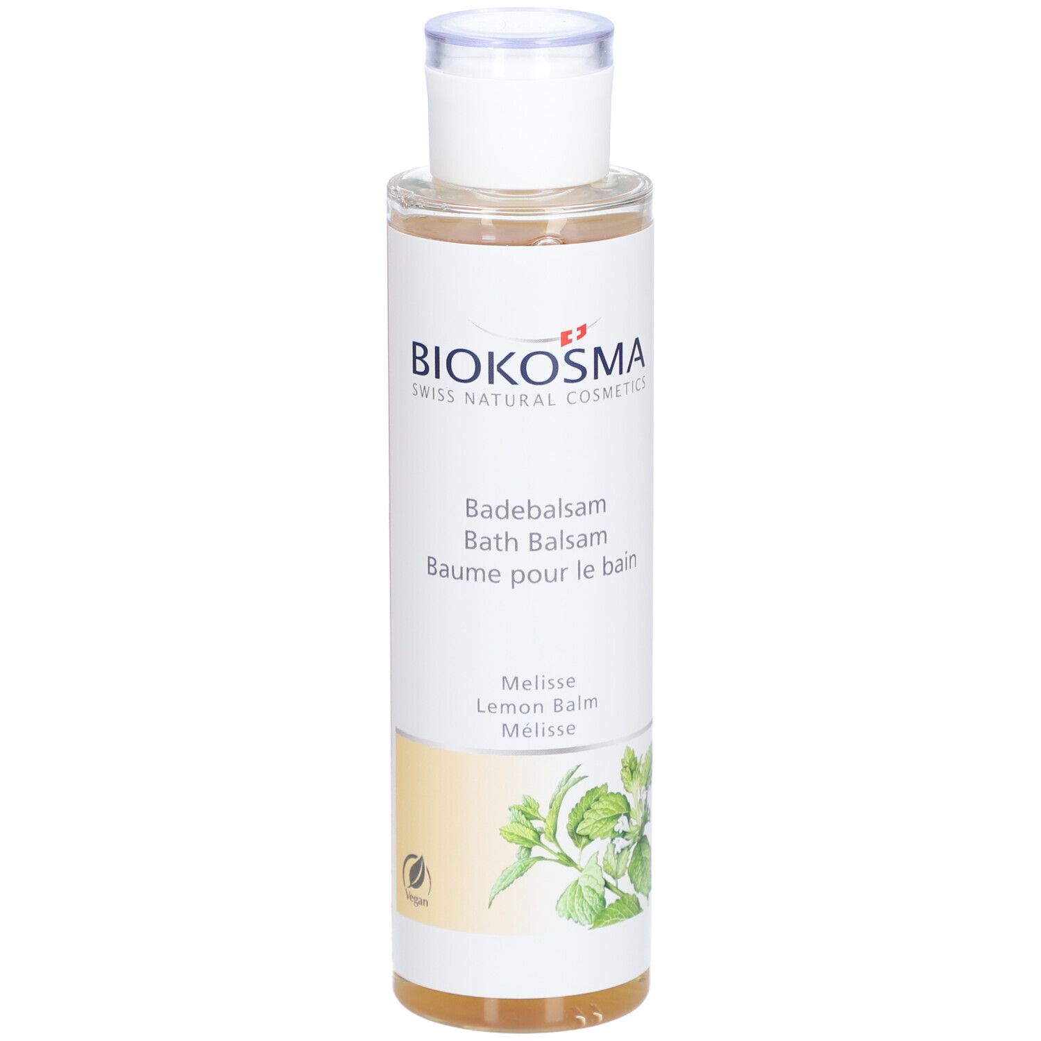 BIOKOSMA Badebalsam Melisse. Flasche mit weißem Deckel. Etikett mit Produktnamen, Logo und Melissen-Illustration.