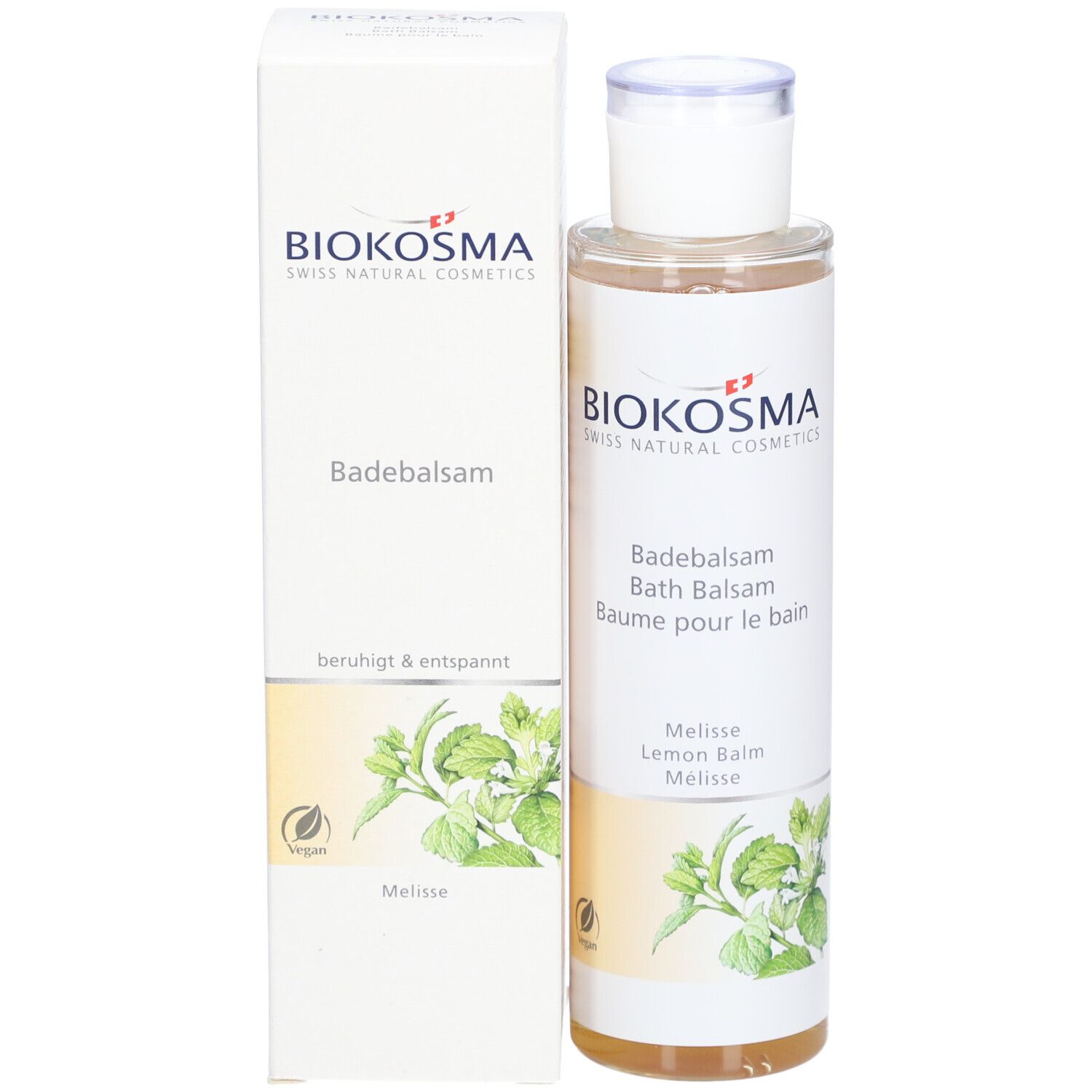 BIOKOSMA Badebalsam Melisse und Verpackung. Flasche und Karton. Karton mit Produktnamen, Logo und Melissen-Illustration.