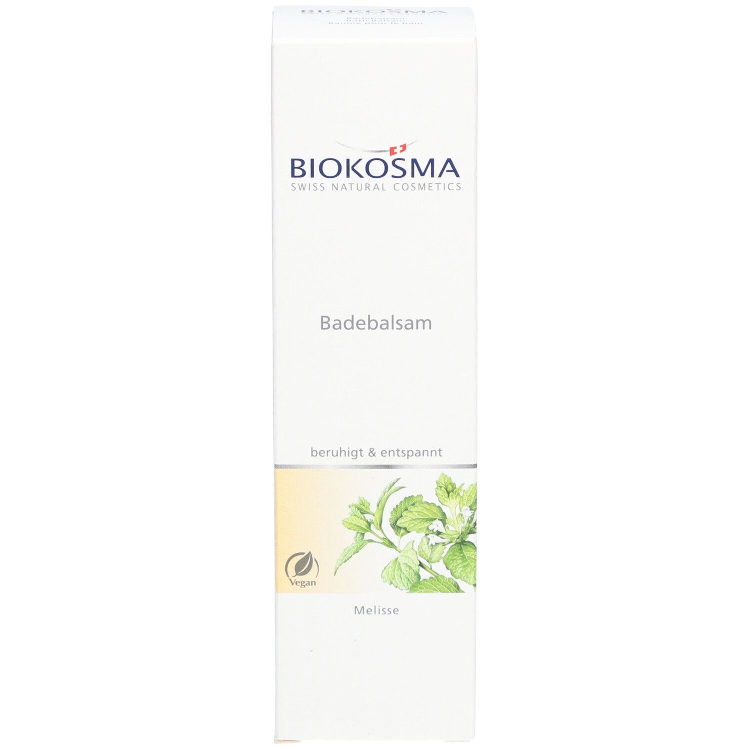 BIOKOSMA Badebalsam Melisse. Verpackung, Detailansicht. Karton mit Produktnamen, Logo und Melissen-Illustration.