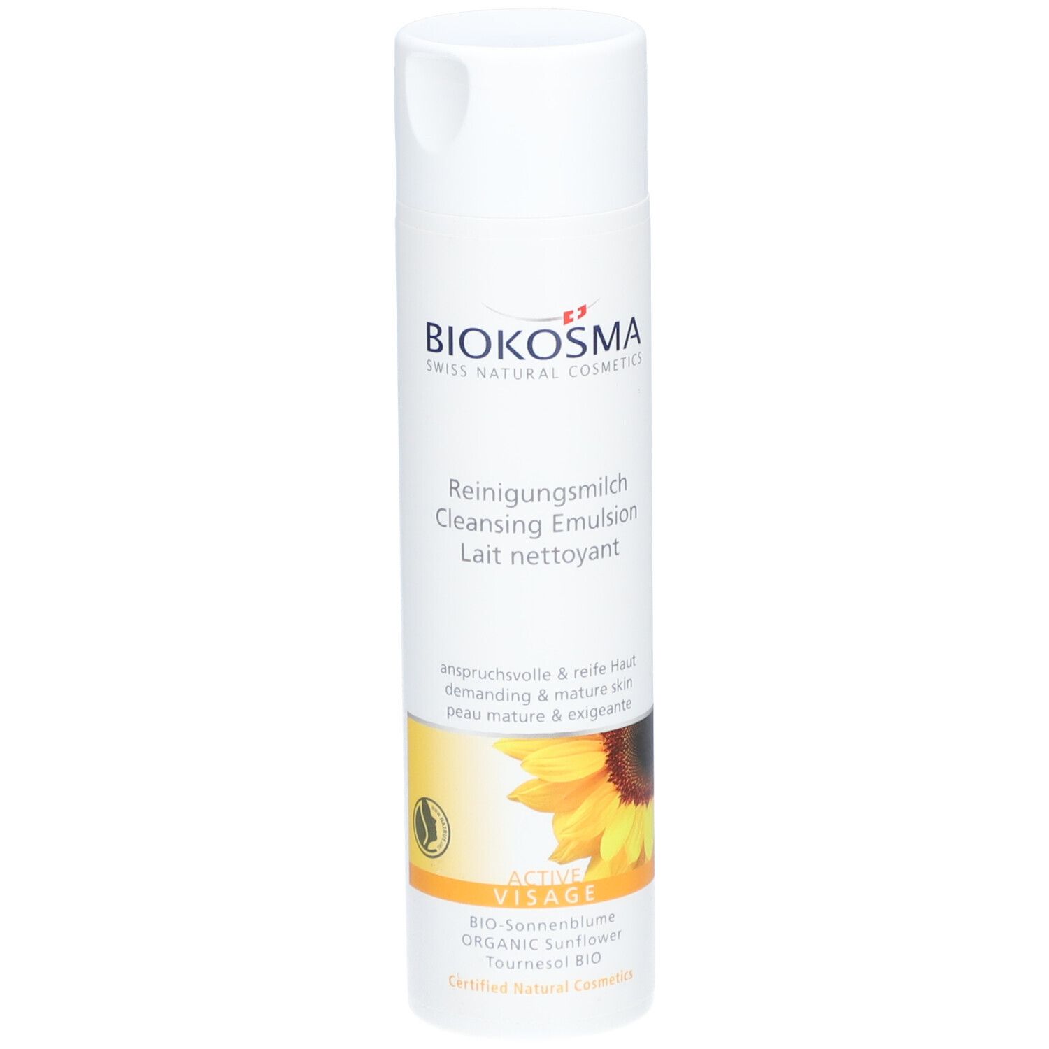 Flacon blanc BIOKOSMA Lait Nettoyant Active Visage. Texte: Reinigungsmilch, Cleansing Emulsion, Lait nettoyant. Tournesol.