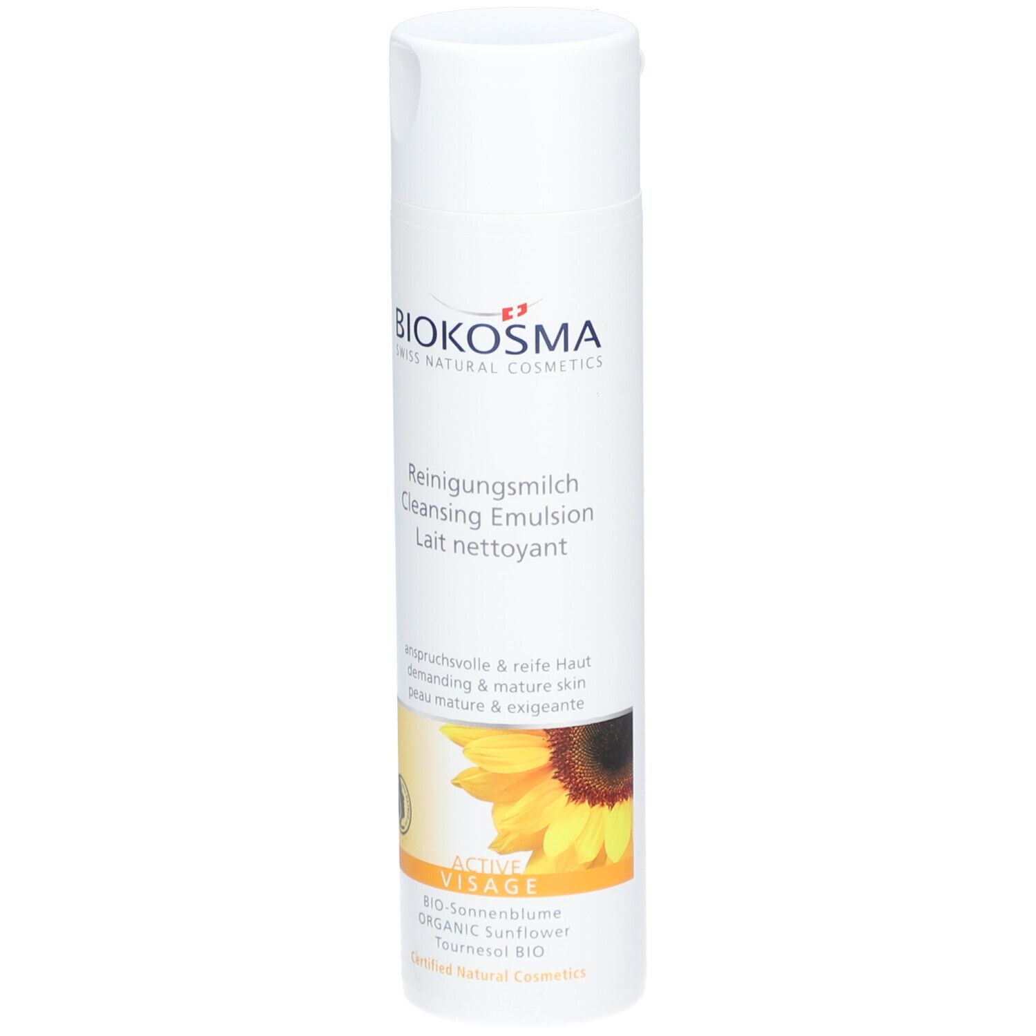 Flacon blanc BIOKOSMA Lait Nettoyant Active Visage. Texte: Reinigungsmilch, Cleansing Emulsion, Lait nettoyant. Tournesol.