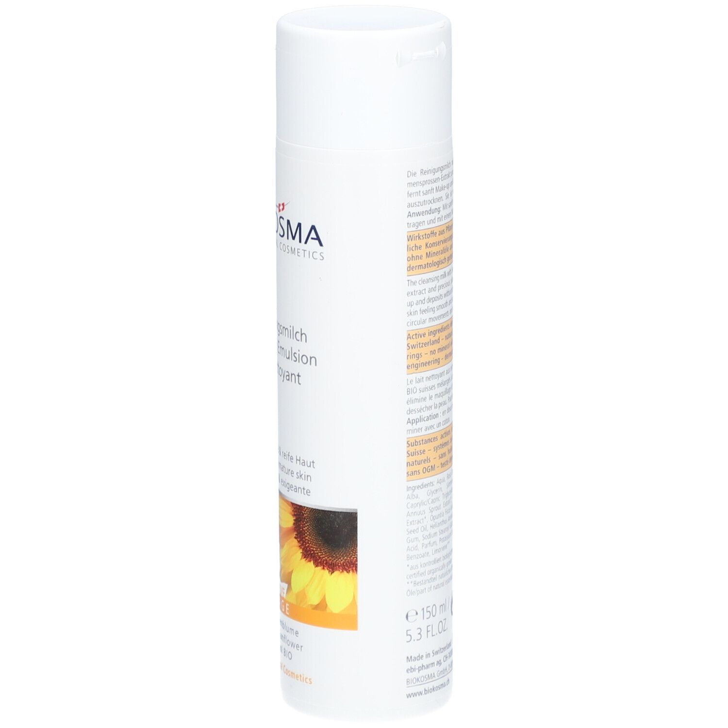 Flacon blanc BIOKOSMA Lait Nettoyant Active Visage. Dos avec texte et tournesol. Volume: 150 ml.
