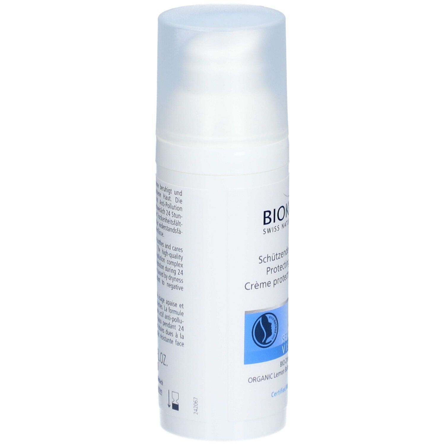 BIOKOSMA Sensitive Visage. Flacon blanc avec bouchon rabattable. Inscription et logo. Marque bleue avec texte. Dos avec texte.
