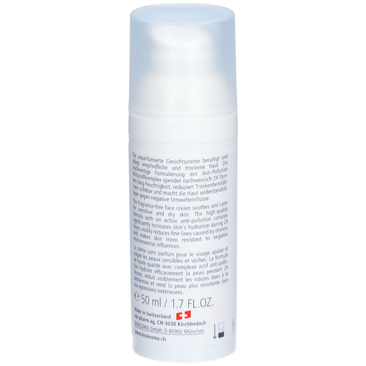 BIOKOSMA Sensitive Visage. Flacon blanc avec bouchon rabattable. Dos avec texte. 50 ml / 1.7 FL.OZ. Made in Switzerland.