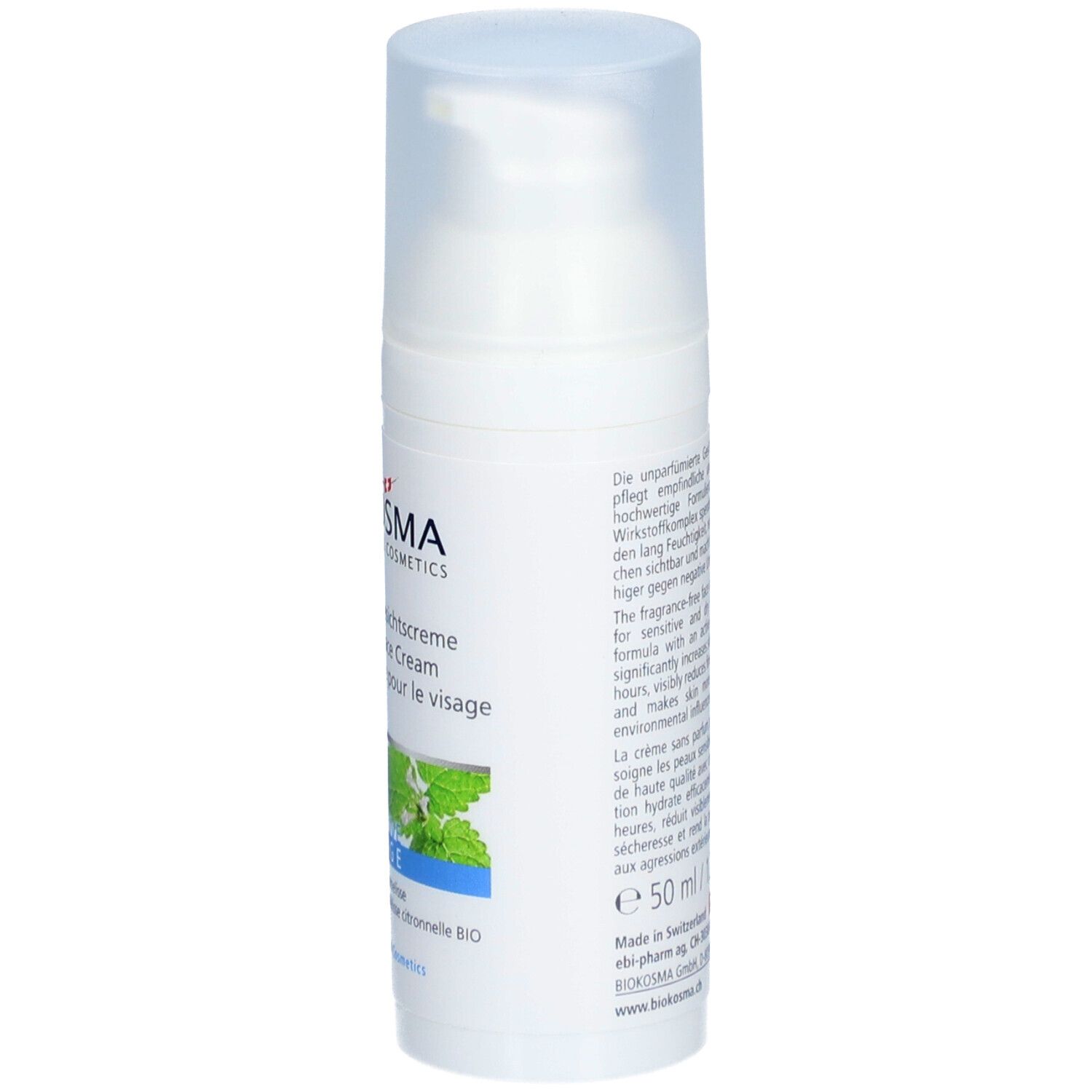 BIOKOSMA Sensitive Visage. Flacon blanc avec bouchon rabattable. Inscription: Schützende Gesichtcreme, Protecting Face Cream, Crème protectrice pour le visage.