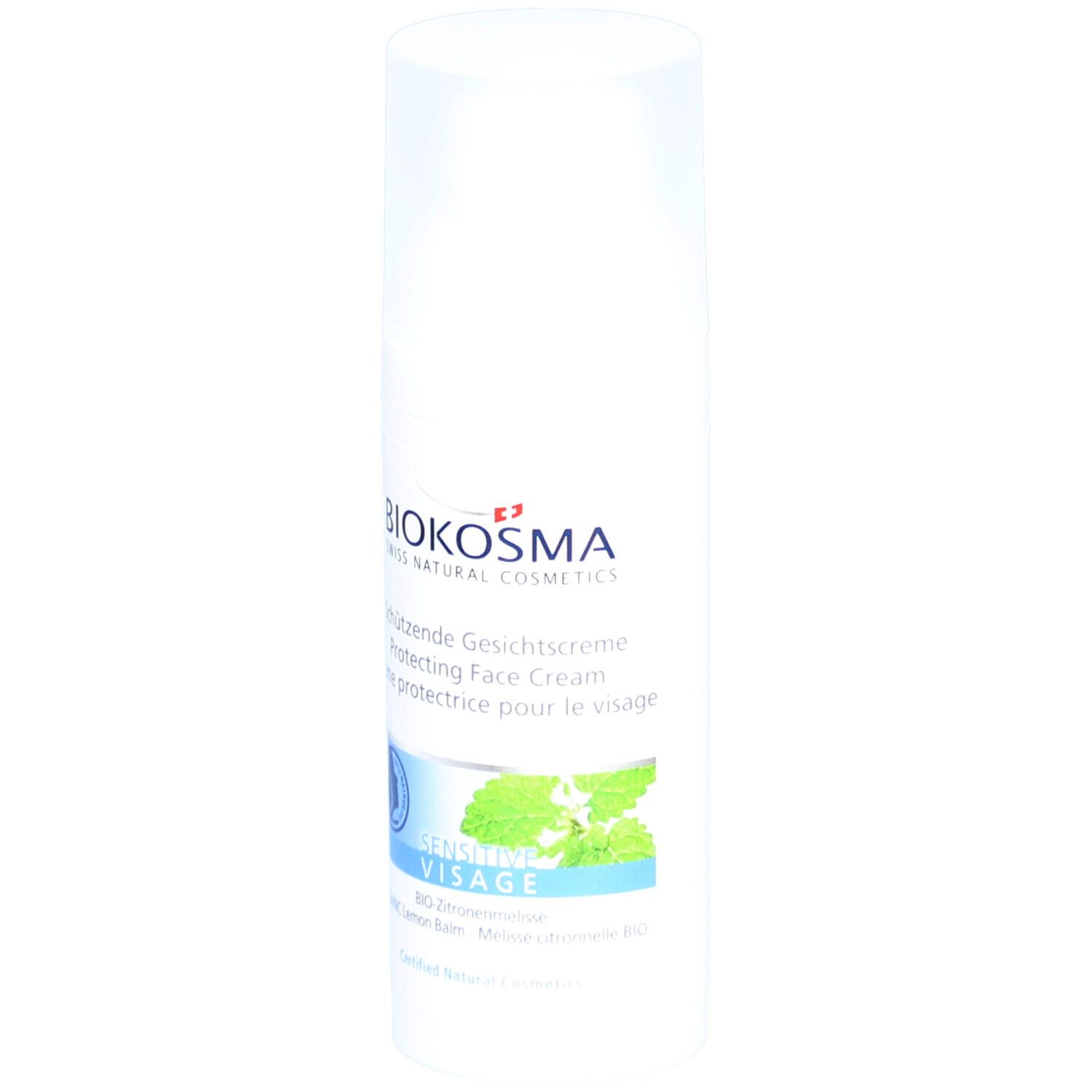 BIOKOSMA Sensitive Visage. Flacon blanc avec bouchon rabattable. Inscription: Schützende Gesichtcreme, Protecting Face Cream, Crème protectrice pour le visage.