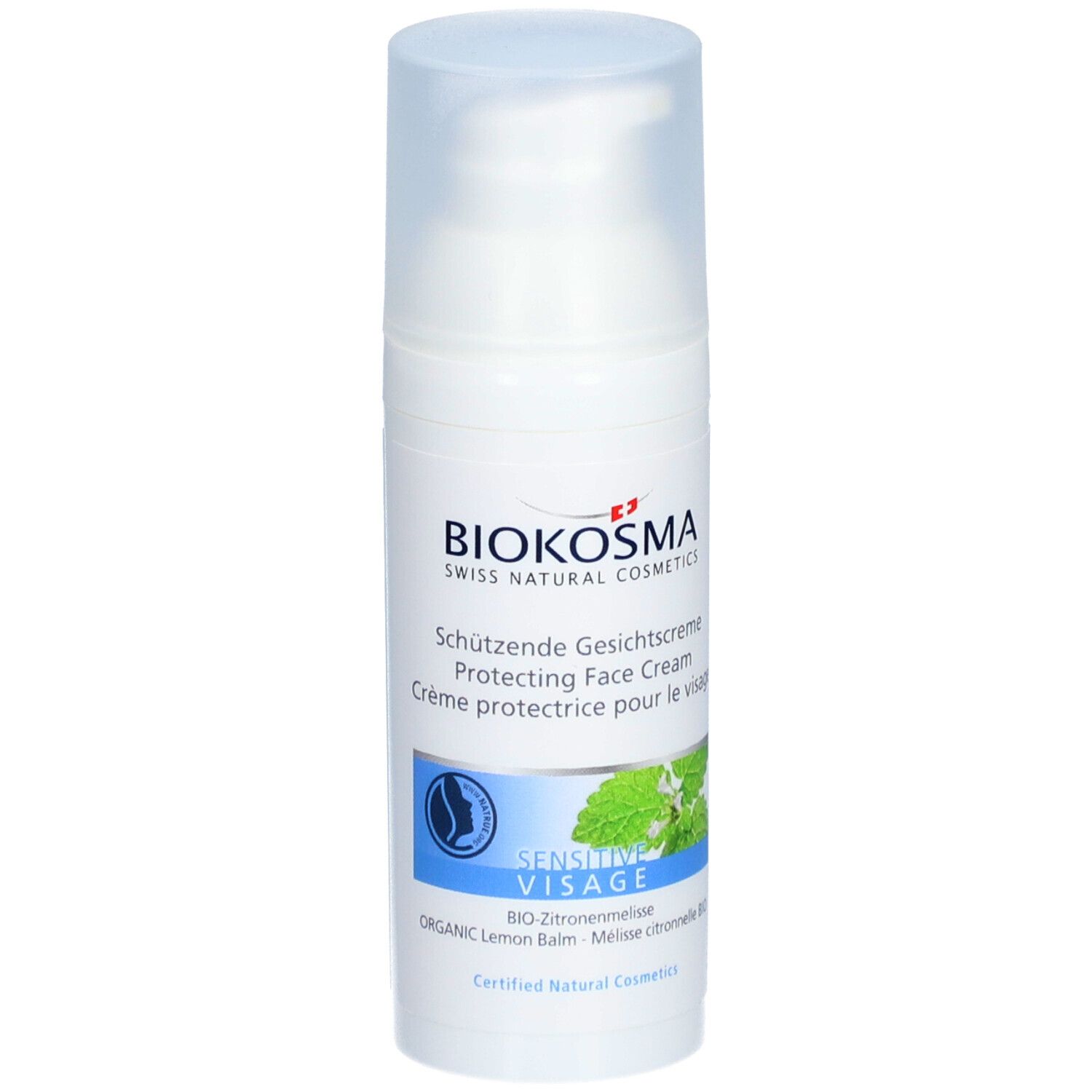 BIOKOSMA Sensitive Visage. Flacon blanc avec bouchon rabattable. Inscription: Schützende Gesichtcreme, Protecting Face Cream, Crème protectrice pour le visage.