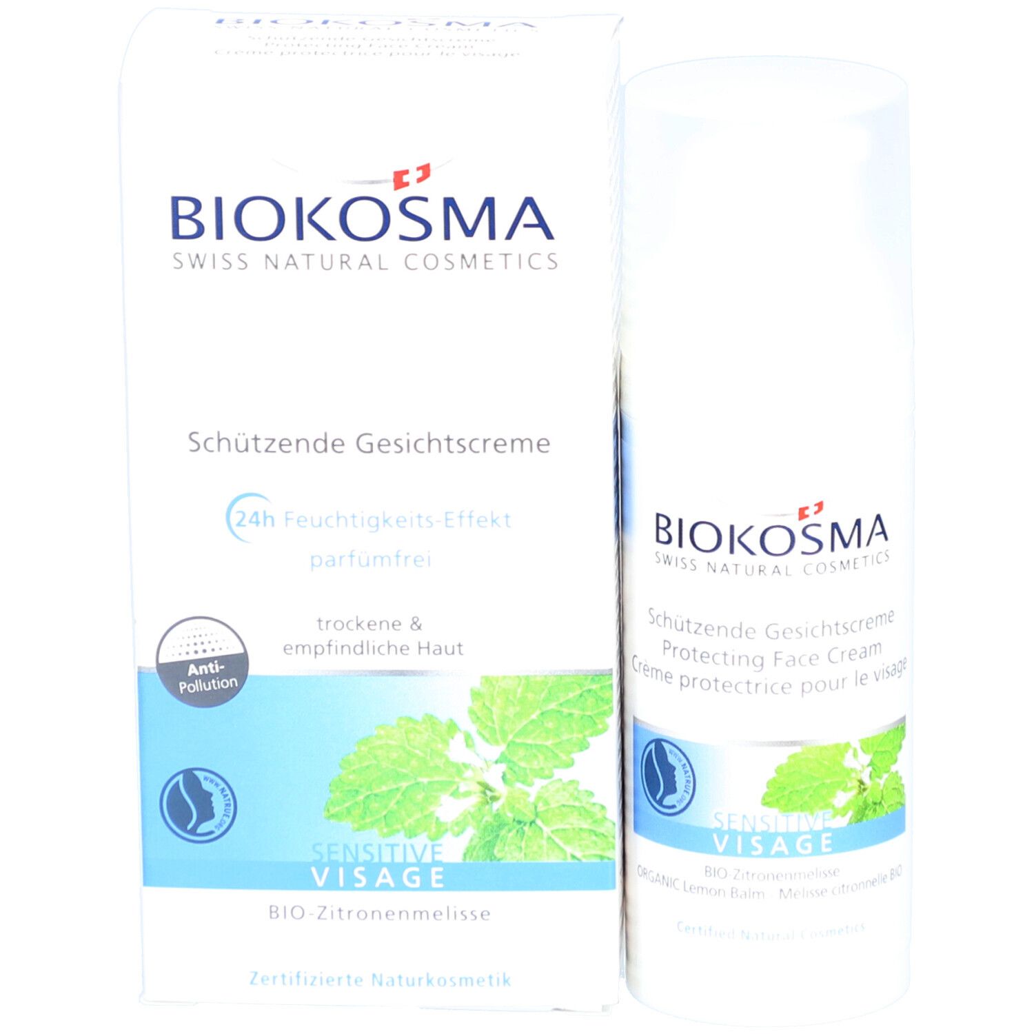 BIOKOSMA Sensitive Visage. Produit et emballage. Inscription: Schützende Gesichtcreme, 24h Feuchtigkeitseffekt, parfümfrei.
