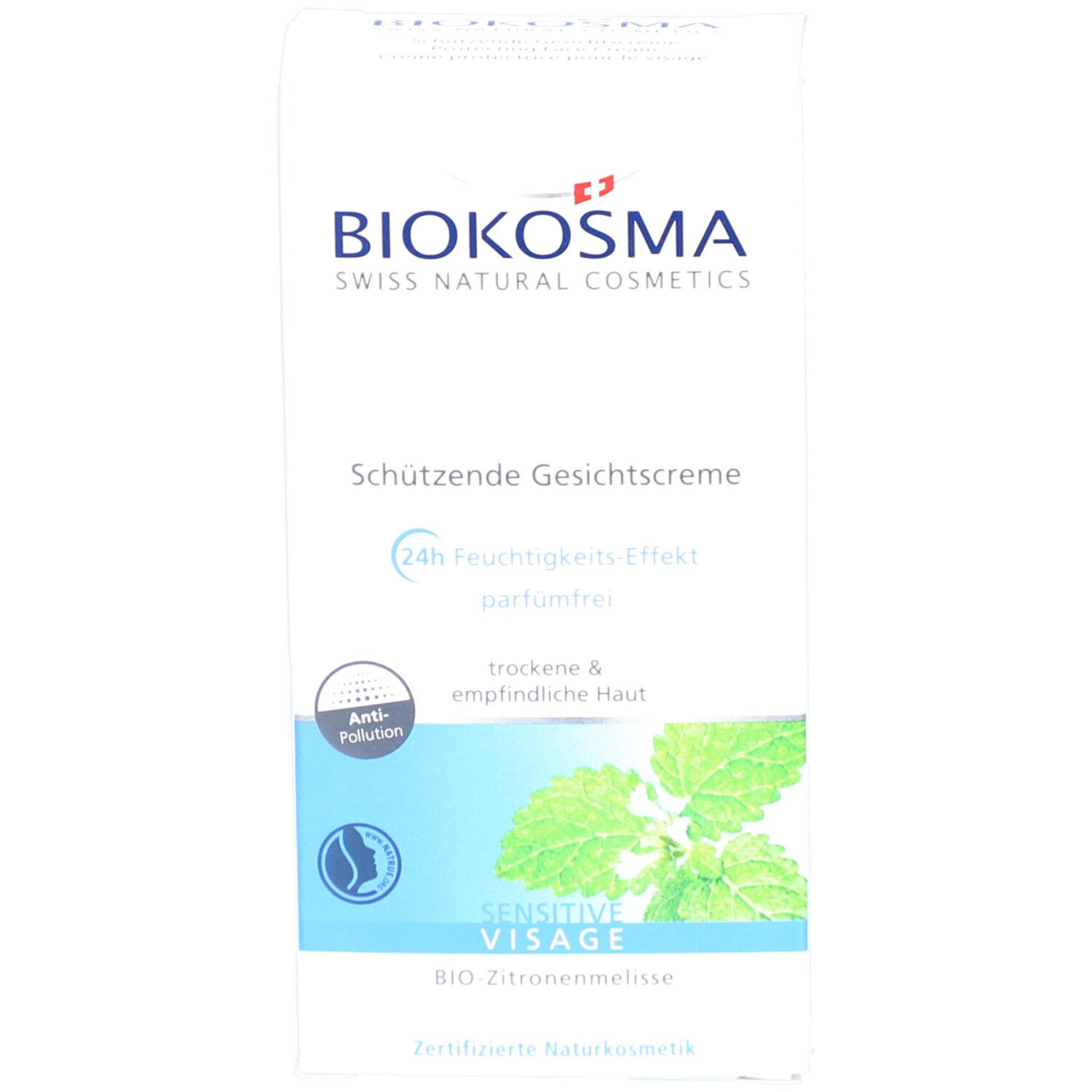 BIOKOSMA Sensitive Visage. Emballage. Inscription: Schützende Gesichtcreme, 24h Feuchtigkeitseffekt, parfümfrei, trockene & empfindliche Haut.