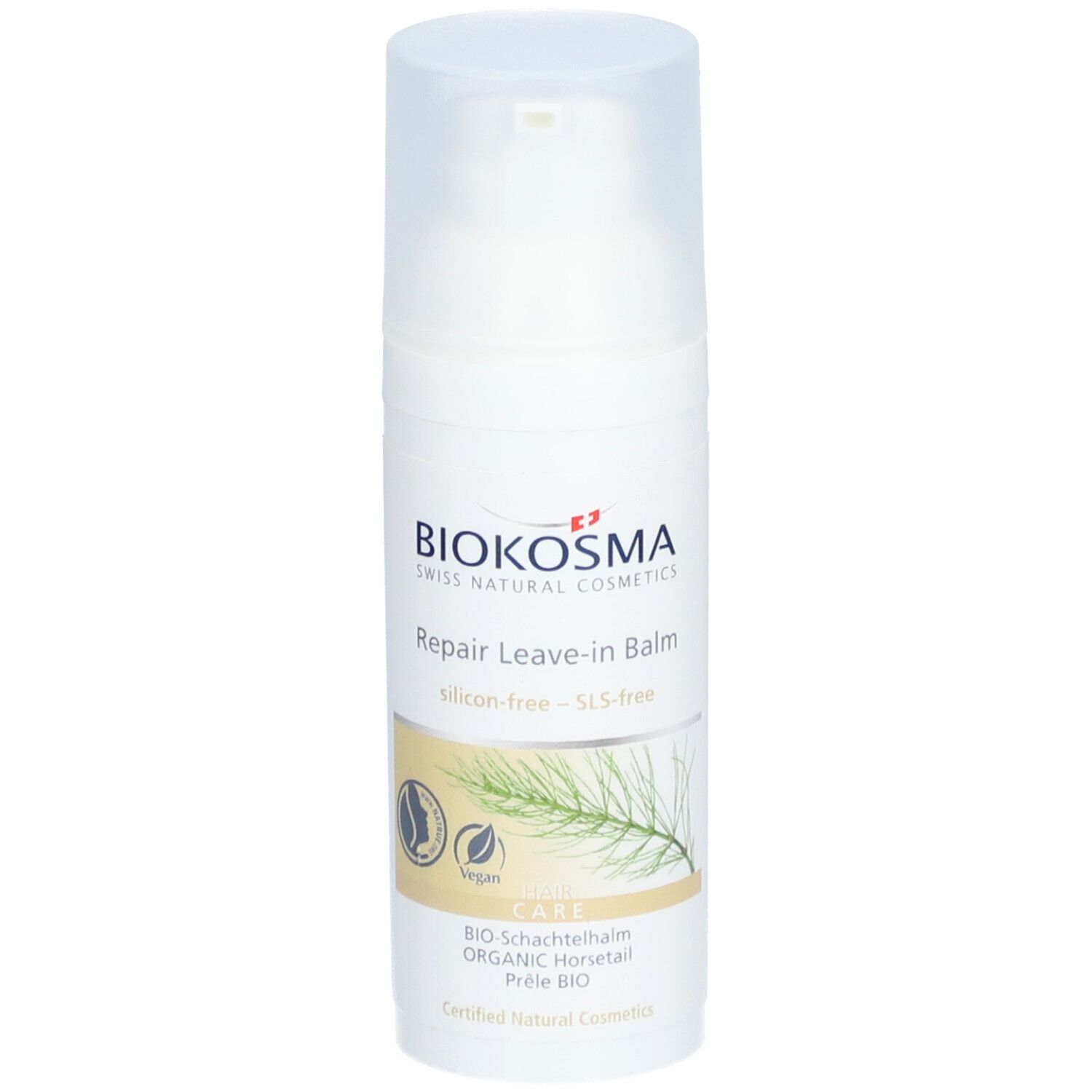 Weiße Flasche mit Pumpverschluss. Aufschrift: Biokosma, Repair Leave-in Balm, vegan, Bio-Schachtelhalm.