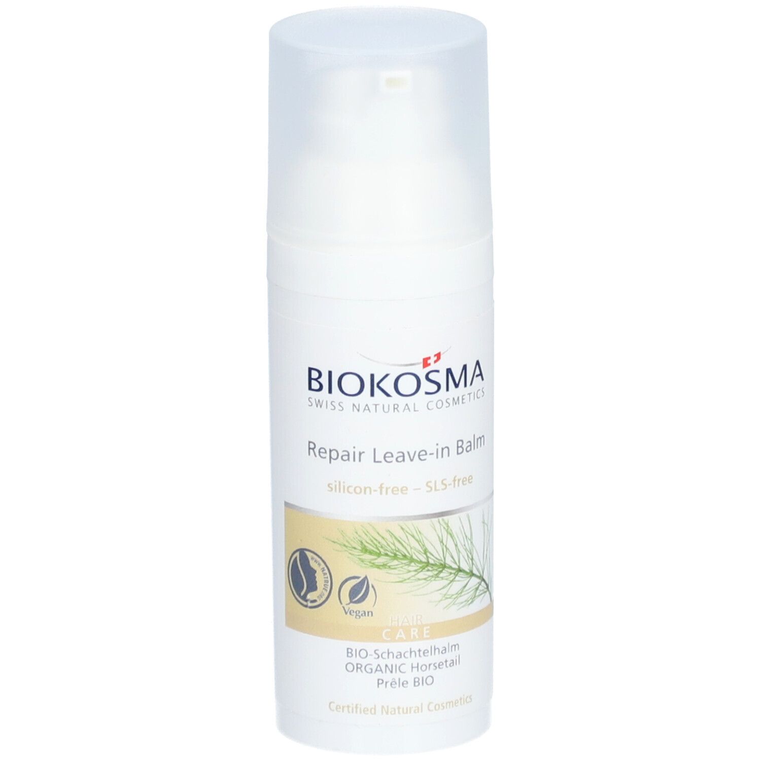 Weiße Flasche mit Pumpverschluss. Aufschrift: Biokosma, Repair Leave-in Balm, vegan, Bio-Schachtelhalm.