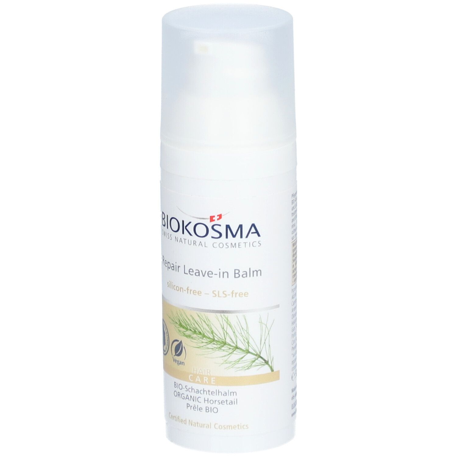 Weiße Flasche mit Pumpverschluss. Aufschrift: Biokosma, Repair Leave-in Balm, vegan, Bio-Schachtelhalm.