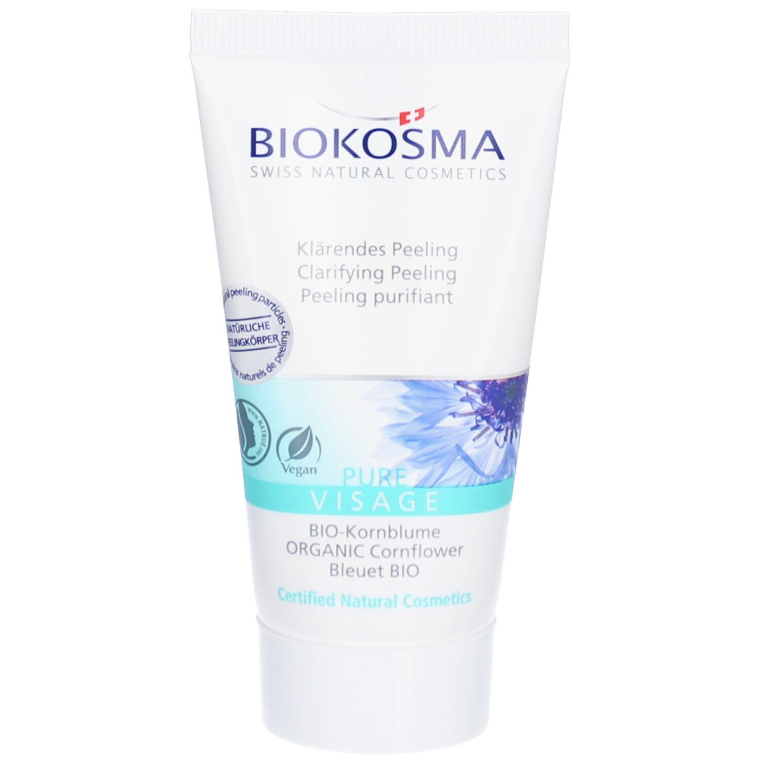 Weisse Tube mit BIOKOSMA-Logo und Produktbezeichnung. Enthält 'Klärendes Peeling' und 'Pure Visage'.