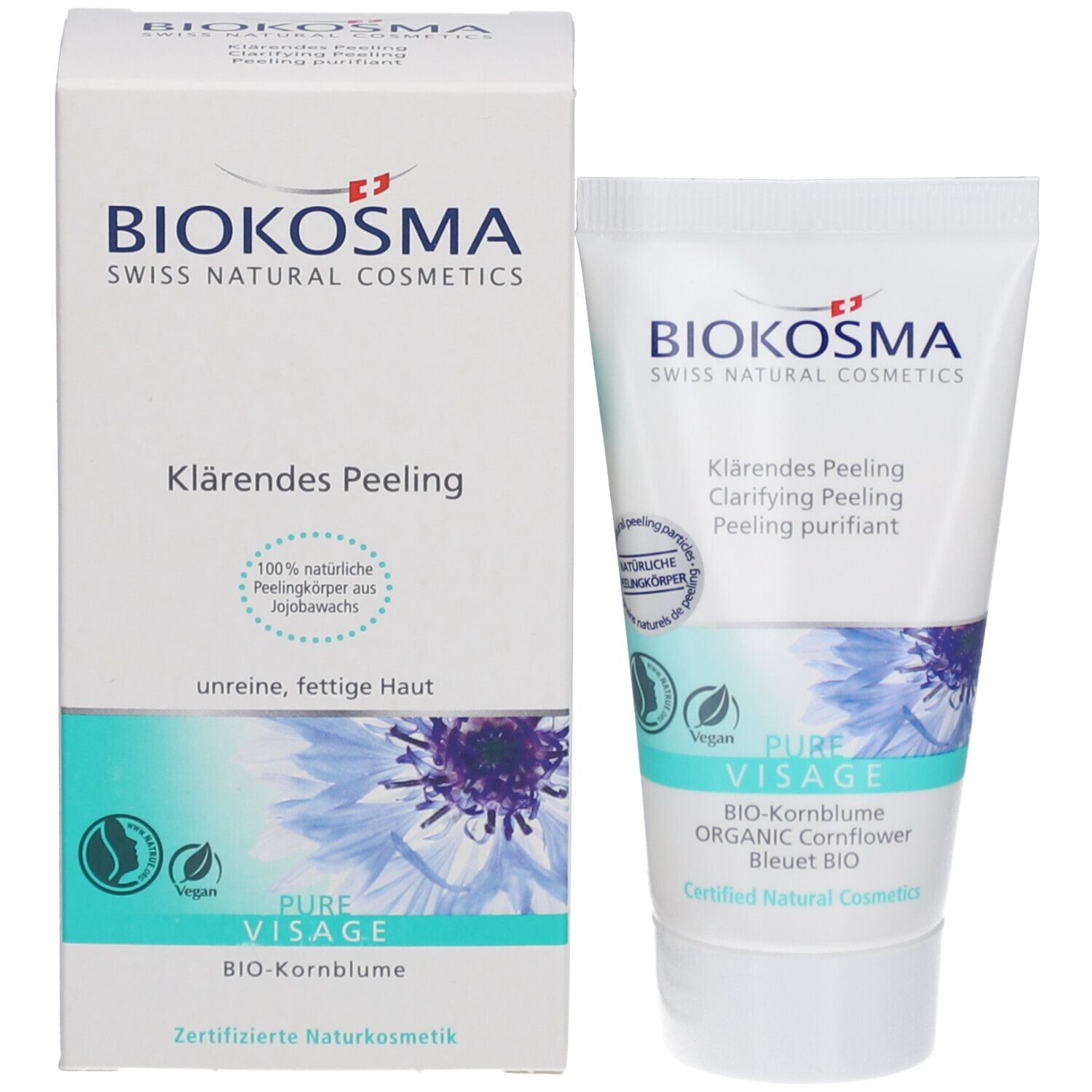 Produktverpackung mit Tube. Karton und Tube mit BIOKOSMA-Logo und Produktbezeichnung 'Klärendes Peeling'.