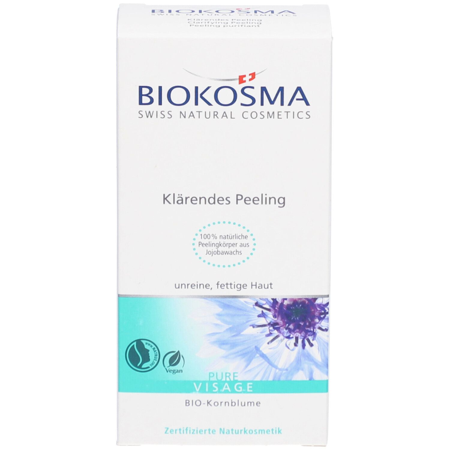 Weisse Produktverpackung mit BIOKOSMA-Logo und Produktbezeichnung 'Klärendes Peeling'.