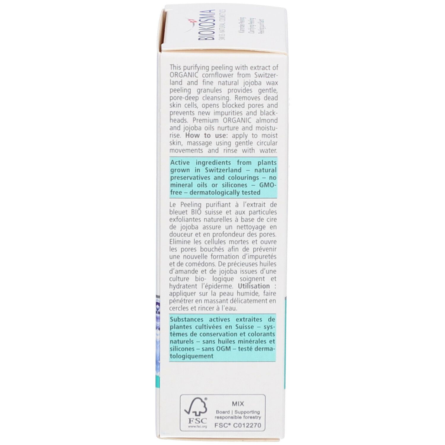 Rückseite der Produktverpackung. Text in Deutsch, Englisch und Französisch. Informationen zu Inhaltsstoffen und Herkunft.
