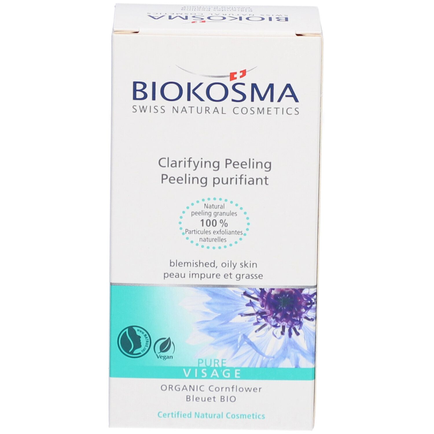 Produktverpackung mit BIOKOSMA-Logo und Produktbezeichnung 'Klärendes Peeling'. Für unreine, fettige Haut.