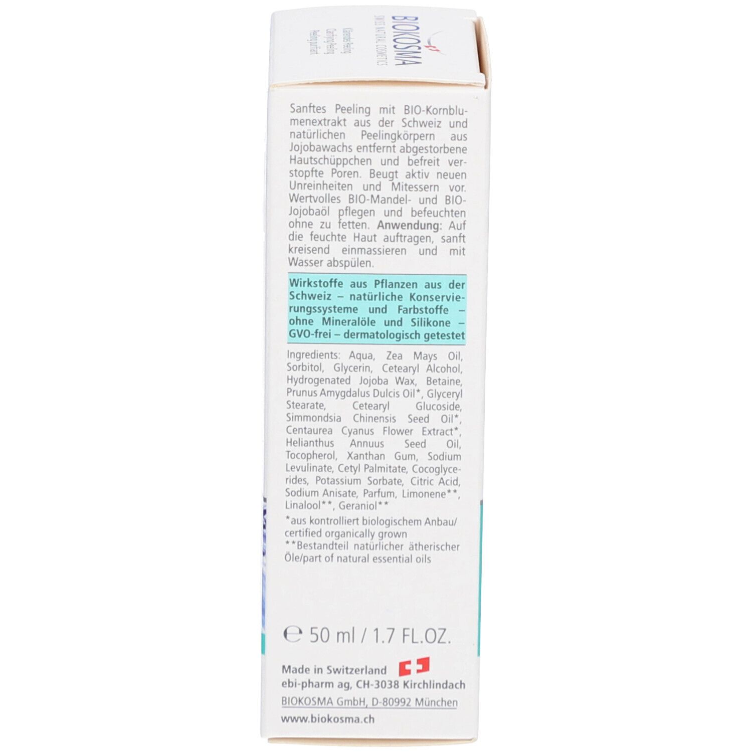 Seite der Produktverpackung. Text in Deutsch, Englisch und Französisch. Enthält Informationen zu Inhaltsstoffen.