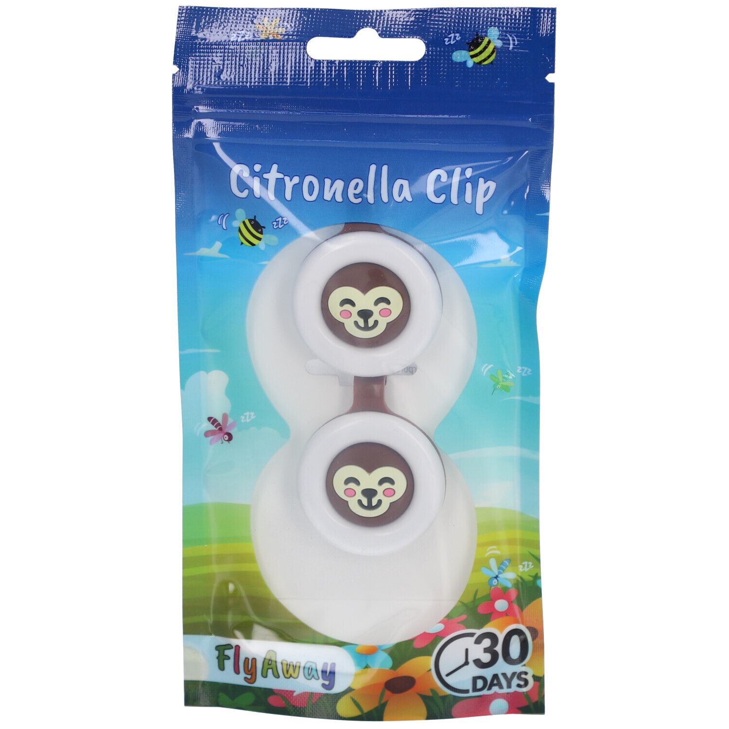 Zwei weiße Citronella-Clip-Aufsätze mit Affen-Design in einer transparenten Verpackung. Aufschrift: Citronella Clip, FlyAway, 30 Tage.