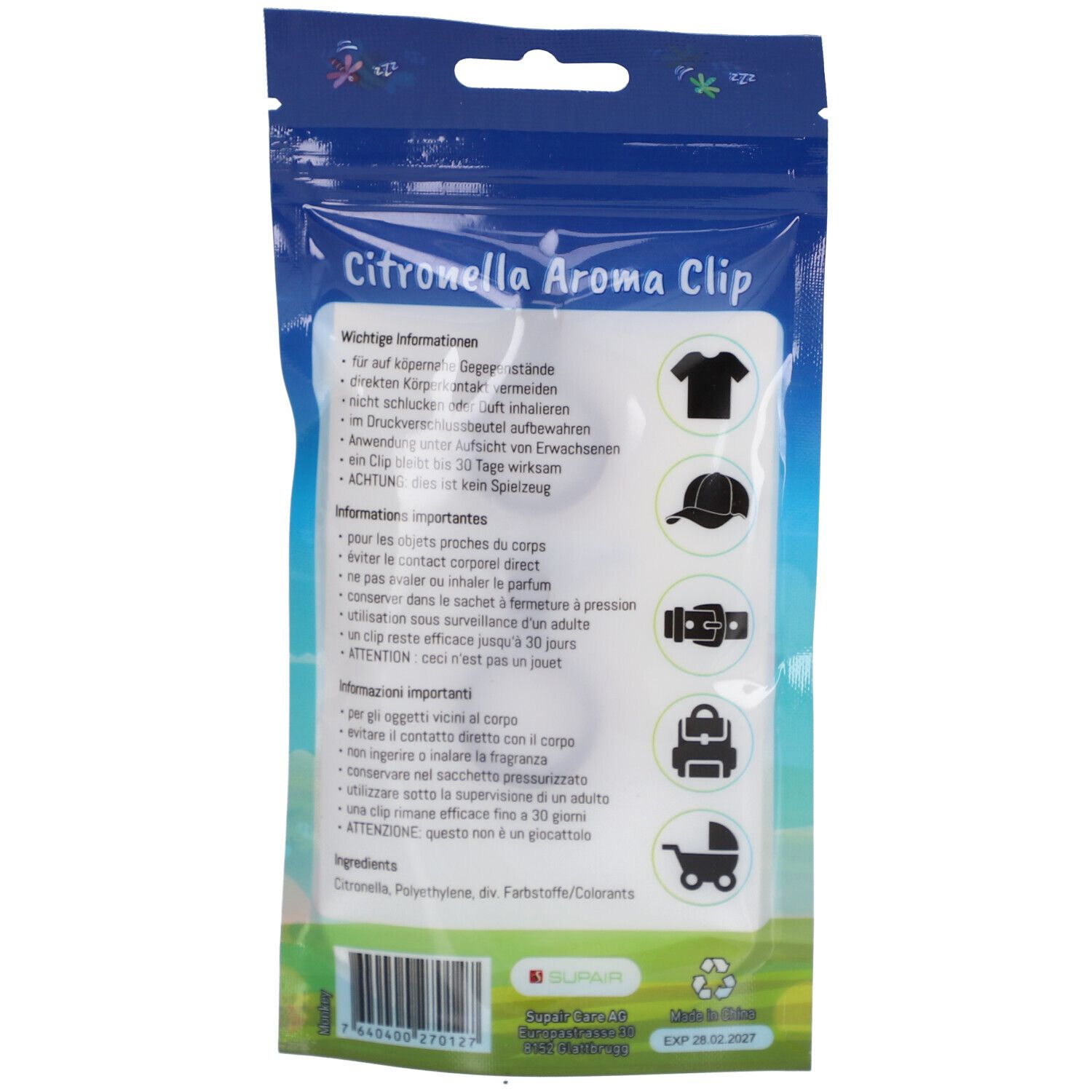 Rückseite der Verpackung mit Text und Piktogrammen. Text: Citronella Aroma Clip. Enthält Informationen und Inhaltsstoffe.