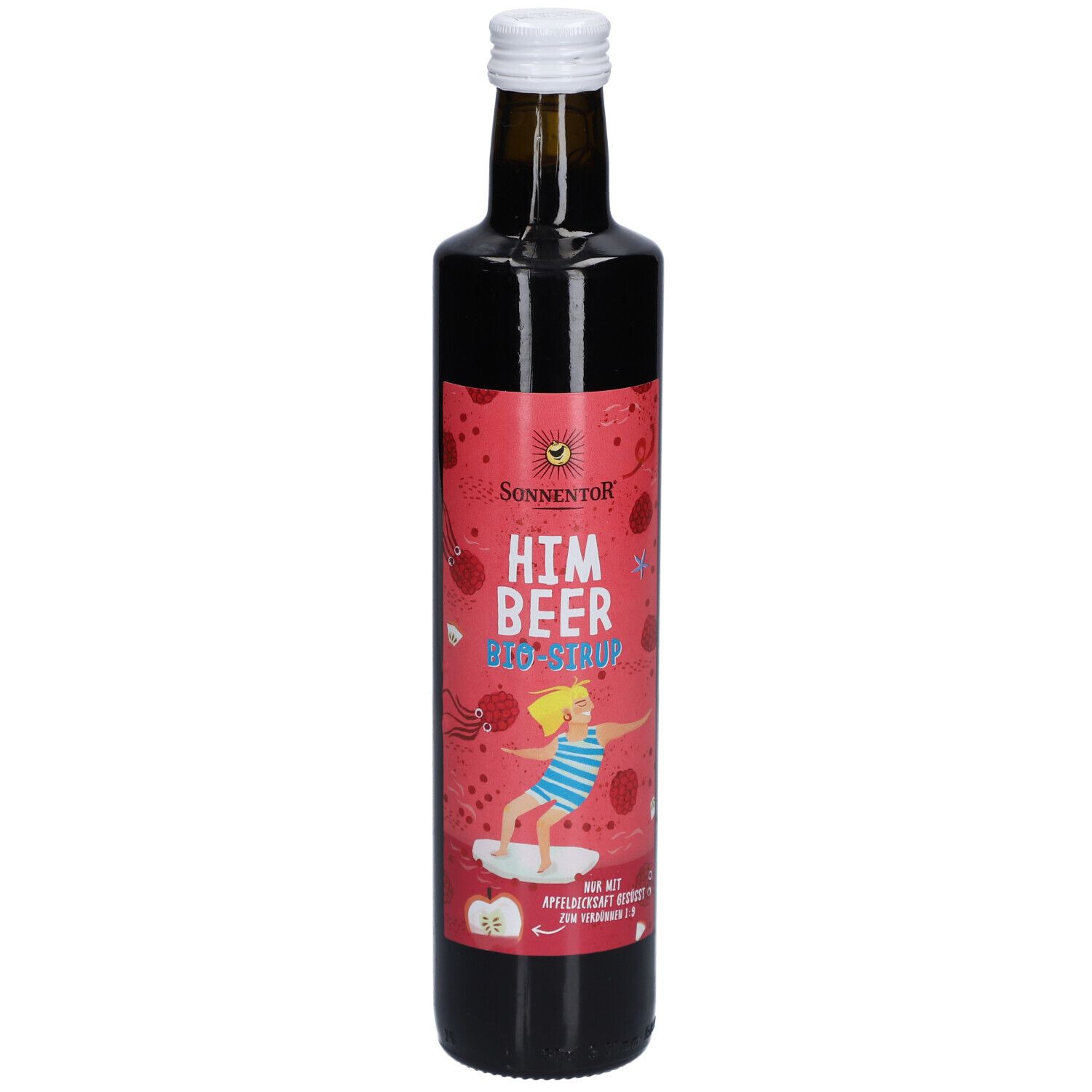 Bouteille en verre marron avec étiquette rouge. Inscription : Himbeer Bio-Sirup. Illustration d'une personne sur une planche de surf.