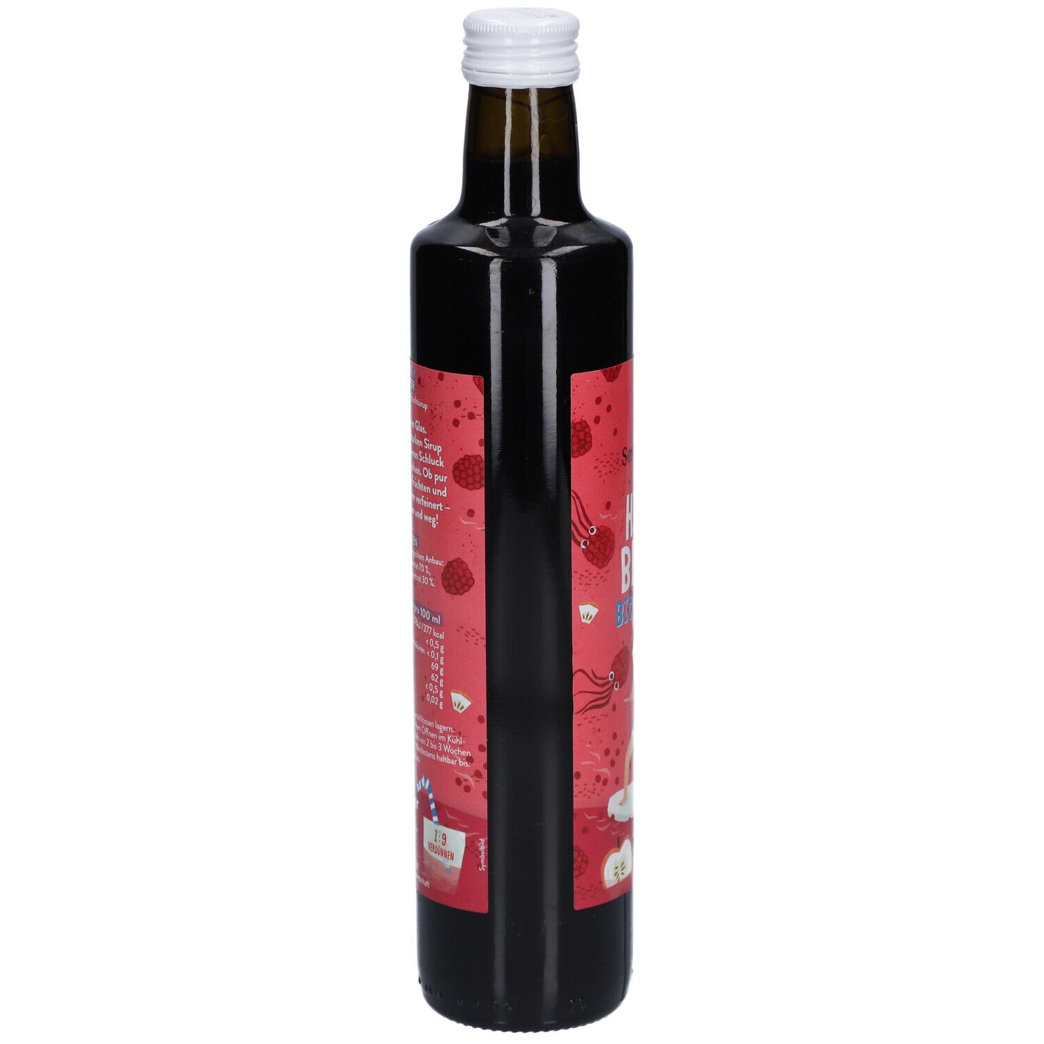 Bouteille en verre marron avec étiquette rouge. Texte et informations nutritionnelles sur l'étiquette. Bouchon blanc.