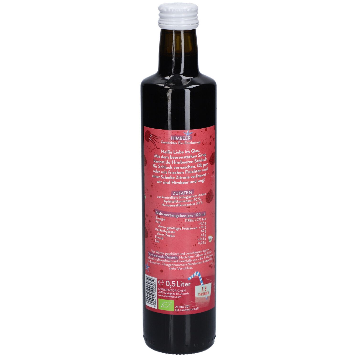 Bouteille en verre marron avec étiquette rouge. Texte et informations nutritionnelles sur l'étiquette. Bouchon blanc.