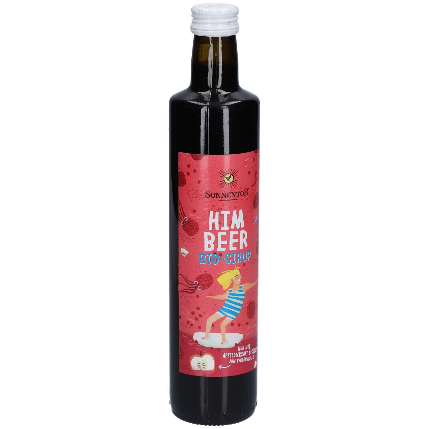Bouteille en verre marron avec étiquette rouge. Inscription : Himbeer Bio-Sirup. Illustration d'une personne sur une planche de surf.