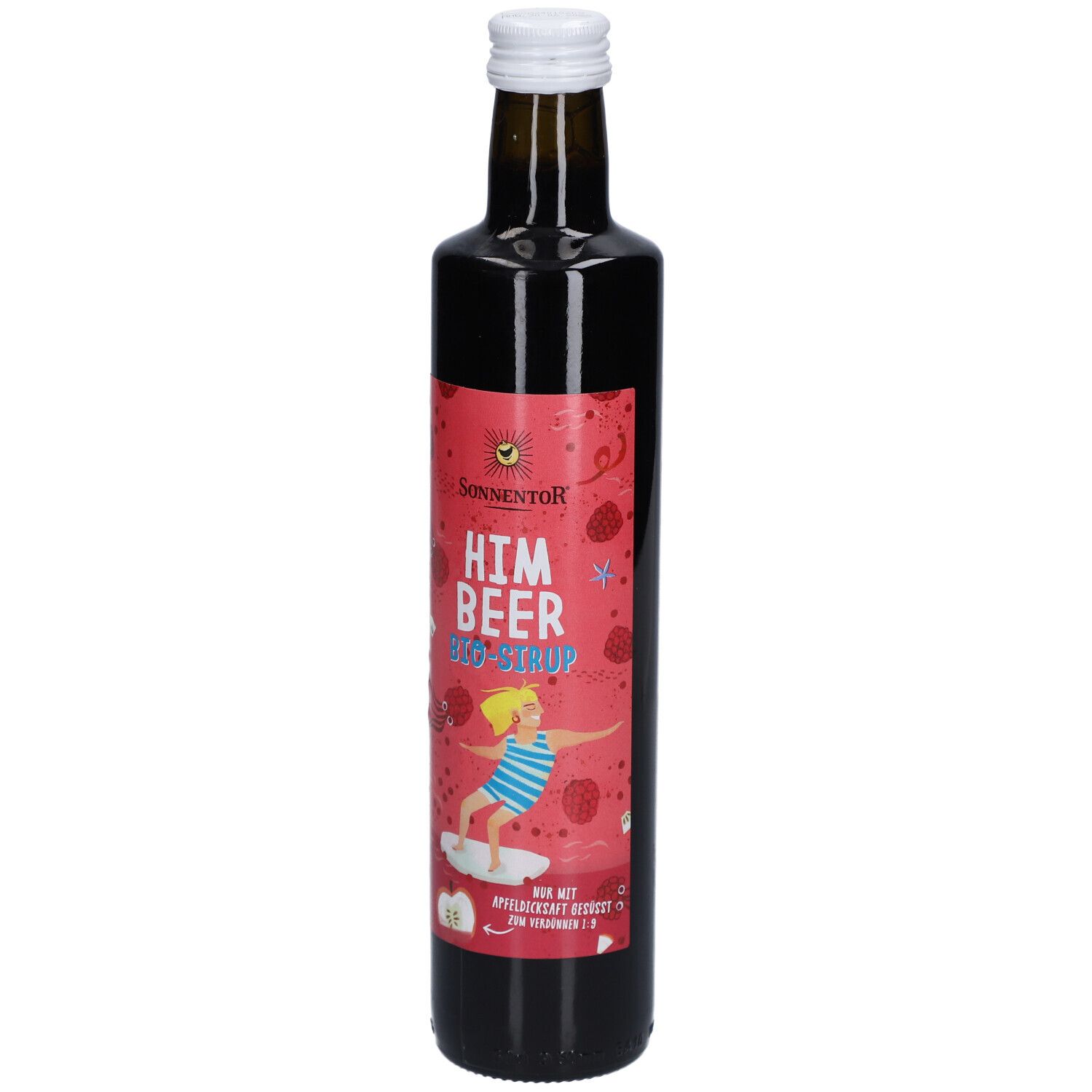 Bouteille en verre marron avec étiquette rouge. Inscription : Himbeer Bio-Sirup. Illustration d'une personne sur une planche de surf.
