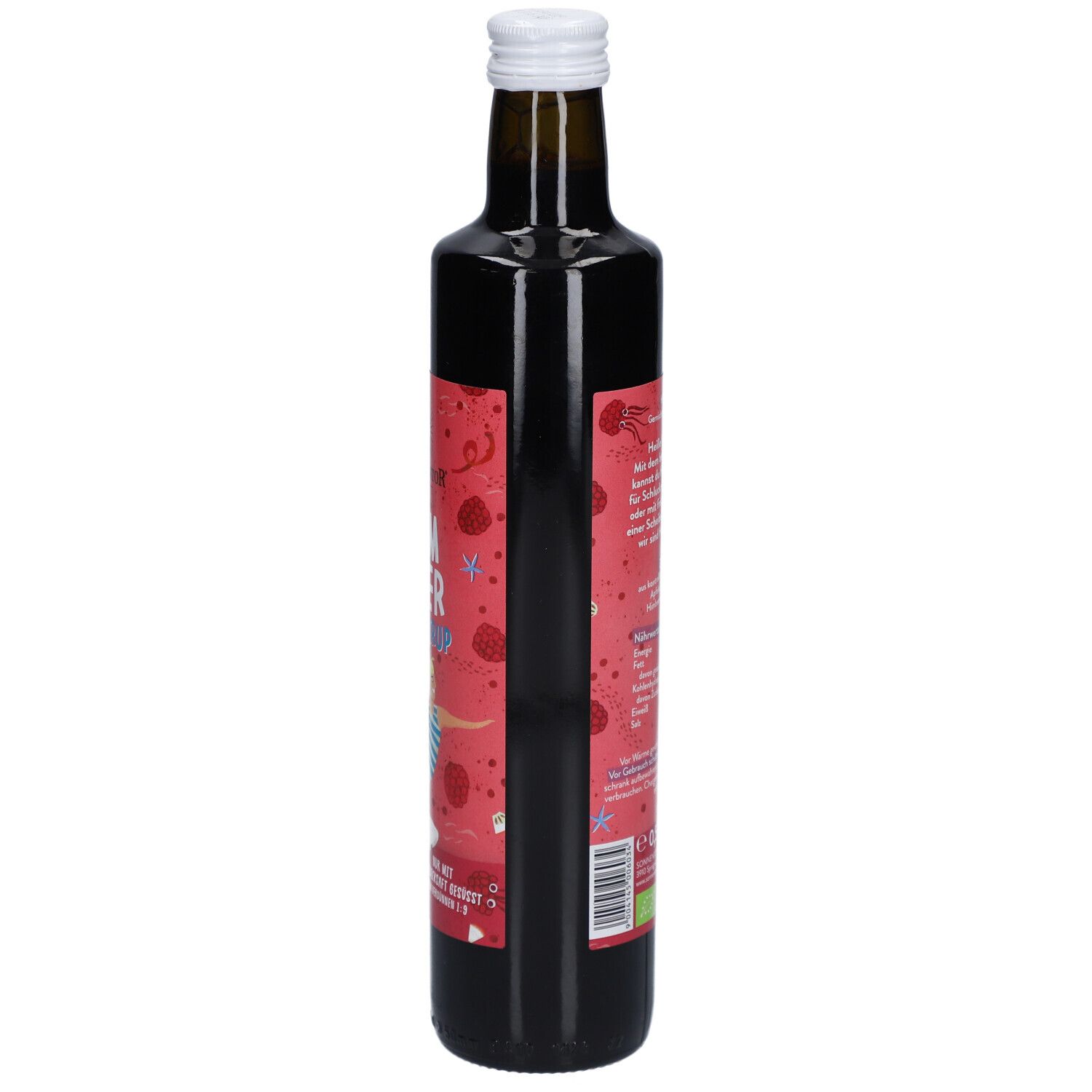 Bouteille en verre marron avec étiquette rouge. Texte et informations nutritionnelles sur l'étiquette. Bouchon blanc.