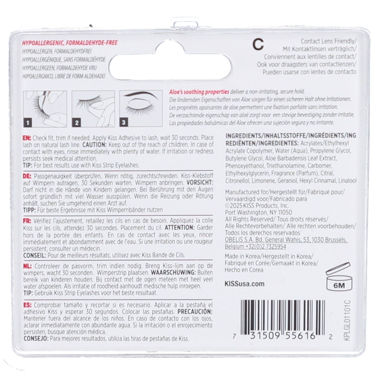 Rückseite der Verpackung mit Text und Illustrationen. Enthält Informationen zu Inhaltsstoffen und Anwendung. Logo: KISS.