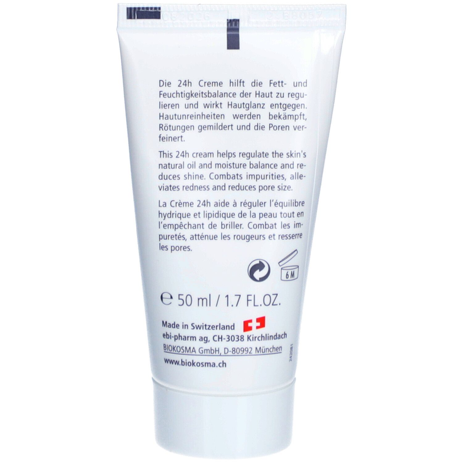 Rückseite der Creme-Tube. Text: 24h Creme, reguliert Hautbalance. Inhaltsstoffe, Herstellerinformationen, 50 ml/1.7 FL.OZ.