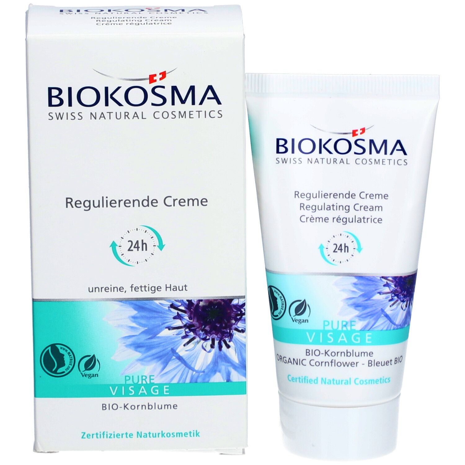 Produktverpackung und Tube. Verpackung: BIOKOSMA-Logo, Regulierende Creme, 24h, Pure Visage. Tube: identisch mit Bild CH01105157-p10.