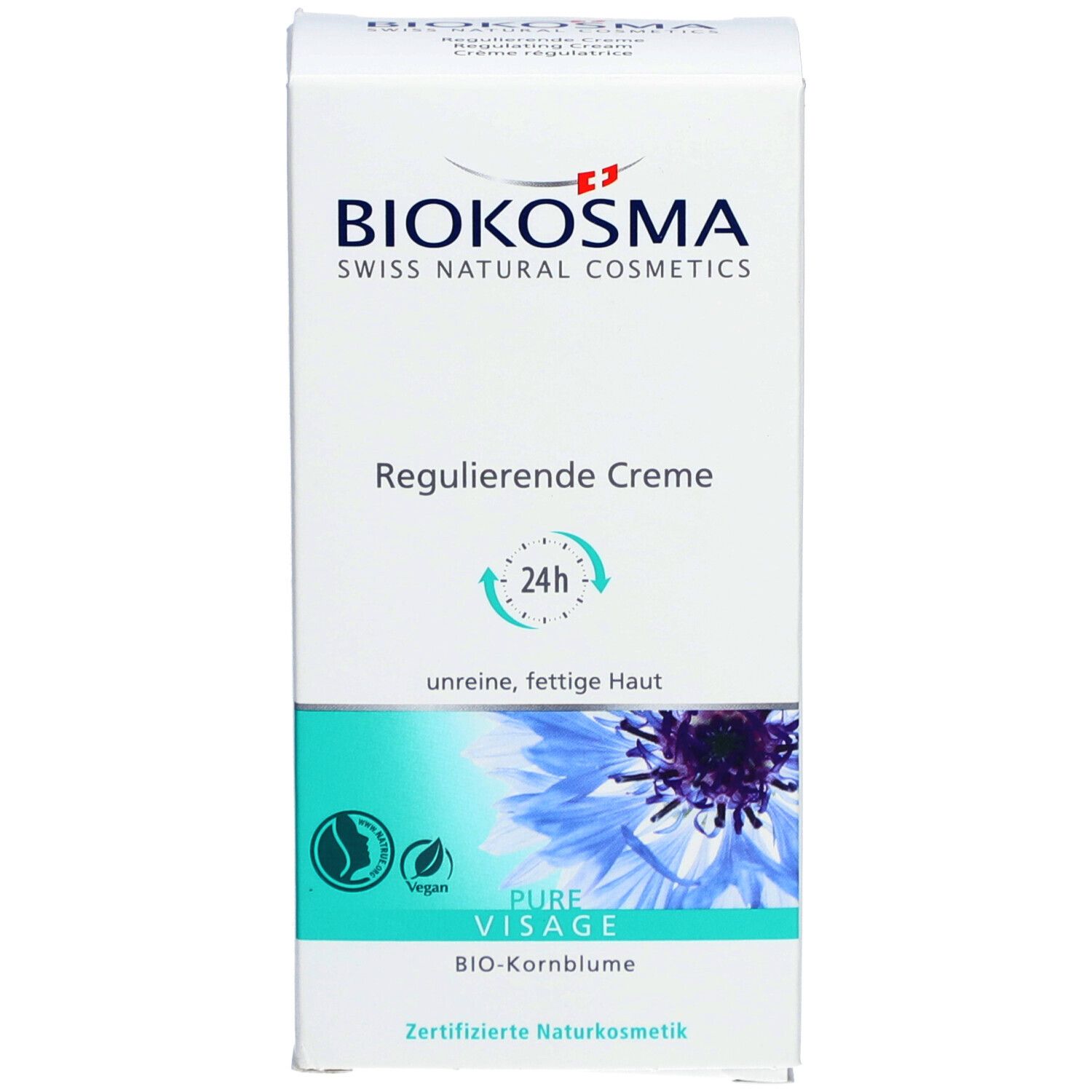 Produktverpackung. BIOKOSMA-Logo, Regulierende Creme, 24h, für unreine, fettige Haut. Pure Visage, BIO-Kornblume. Zertifizierte Naturkosmetik.