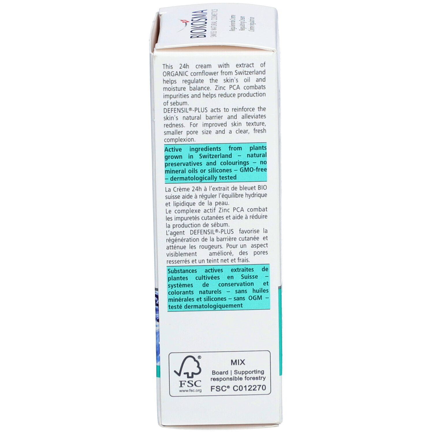 Rückseite der Produktverpackung. Text: Inhaltsstoffe, Wirkstoffe, FSC-Zertifizierung, Herstellerinformationen.