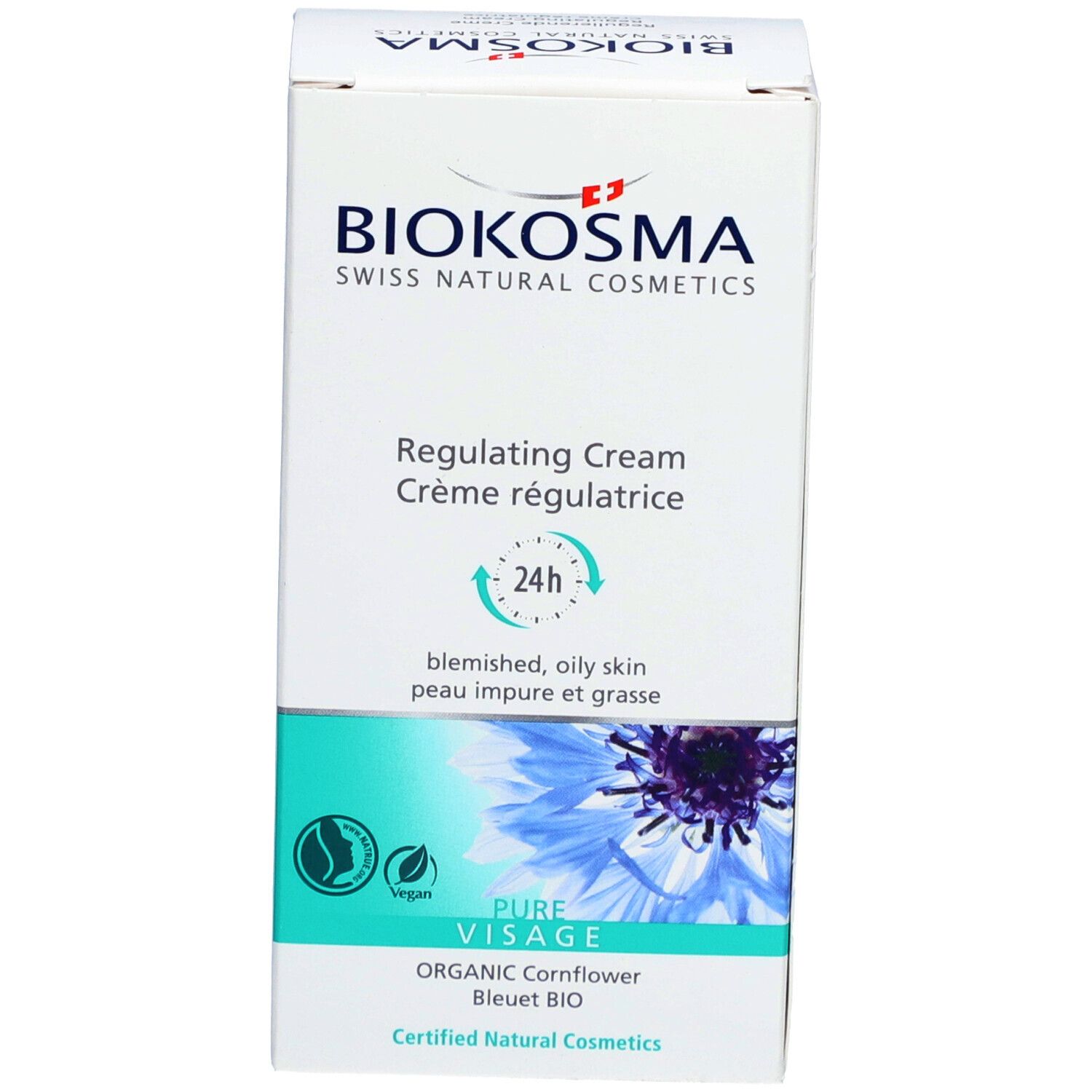 Produktverpackung. BIOKOSMA-Logo, Regulating Cream, 24h, für unreine, fettige Haut. Pure Visage, BIO-Kornblume. Zertifizierte Naturkosmetik.